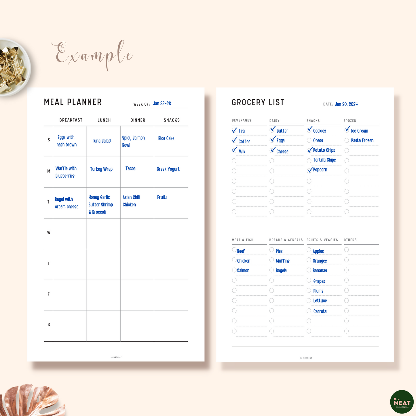 Minimalist Weekly Meal Planner and Grocery Shopping List with information detail 
