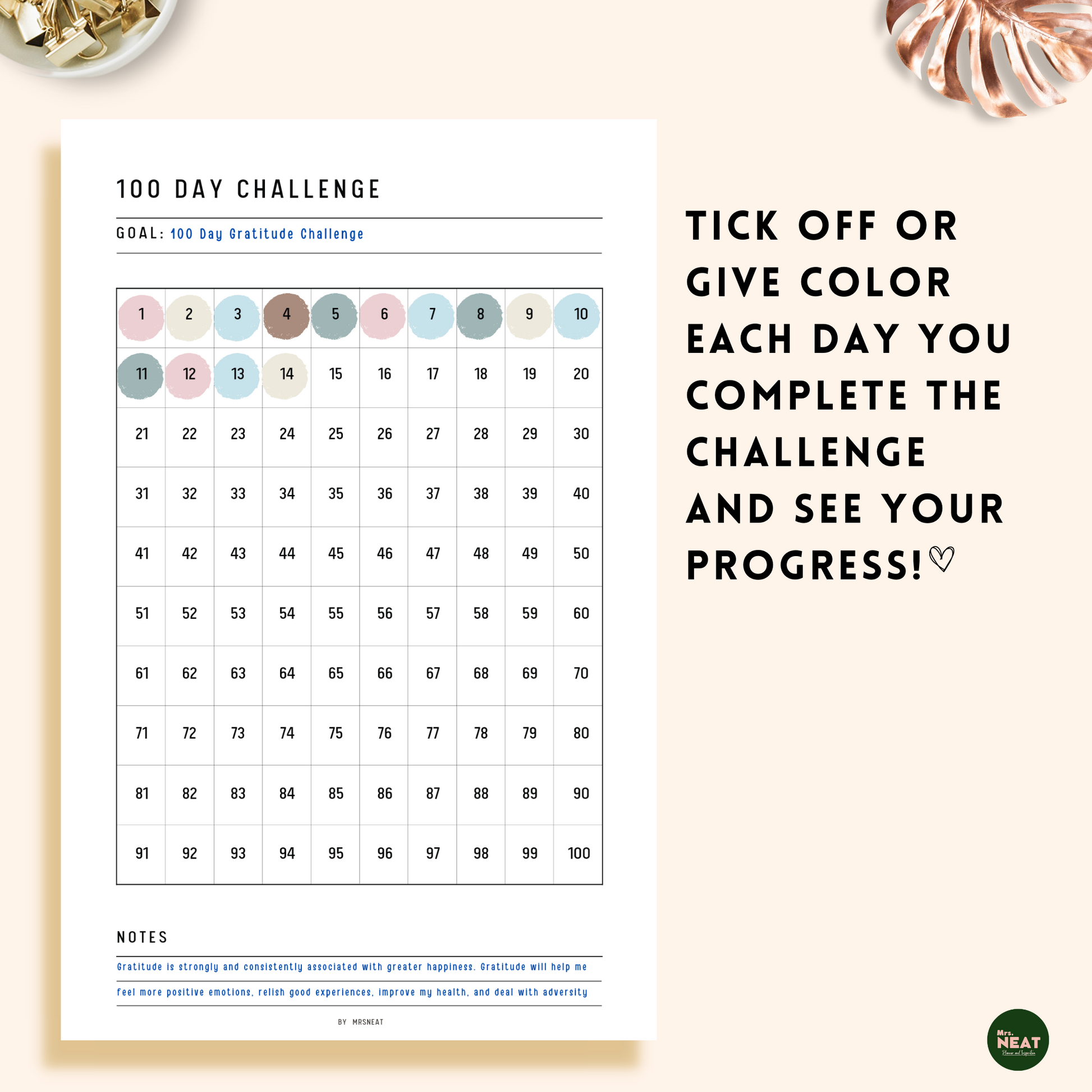 Colorful day column on the Minimalist 100 Day Challenge Habit Tracker Printable Planner