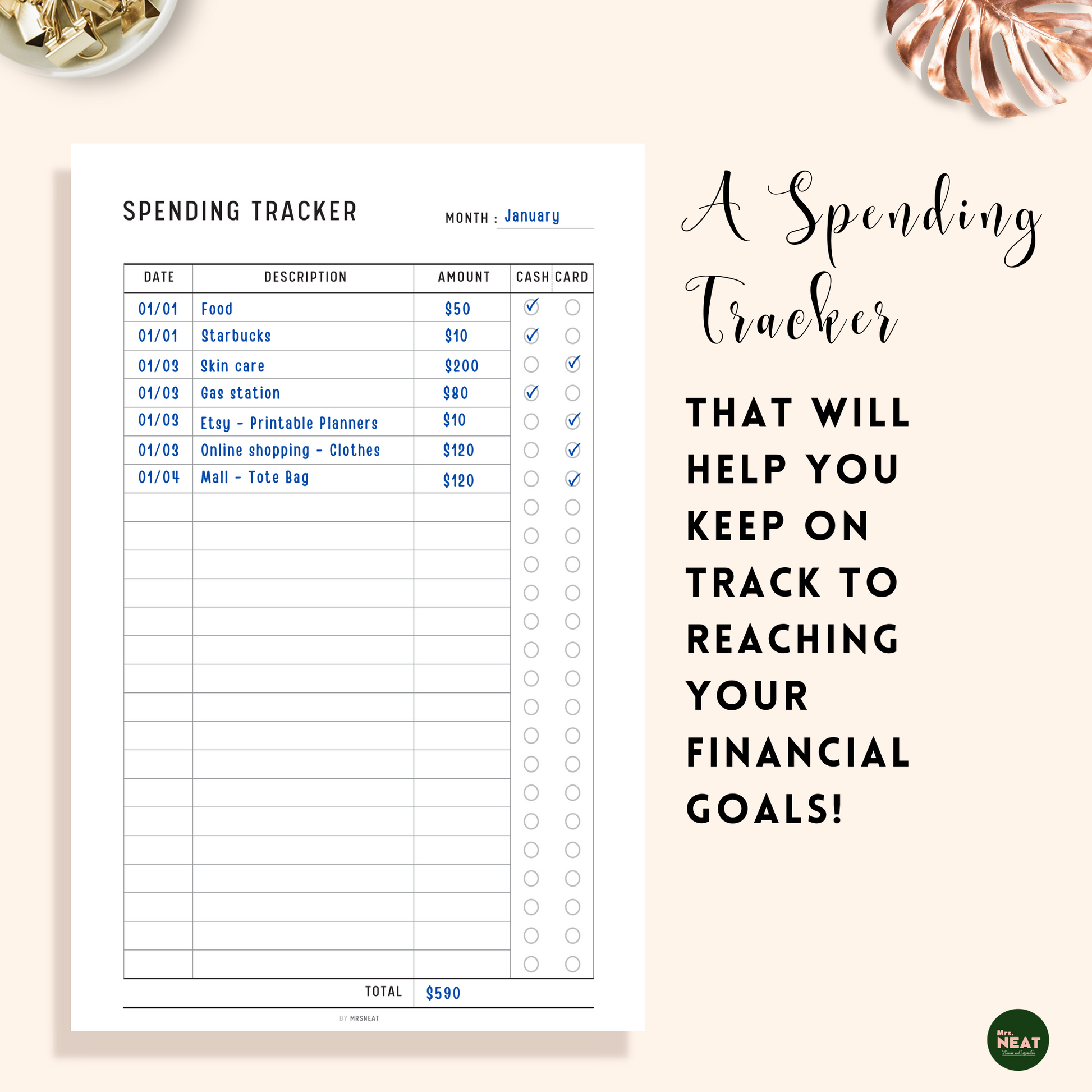 Spending Tracker Planner with list of detail expenses to track of all expenses