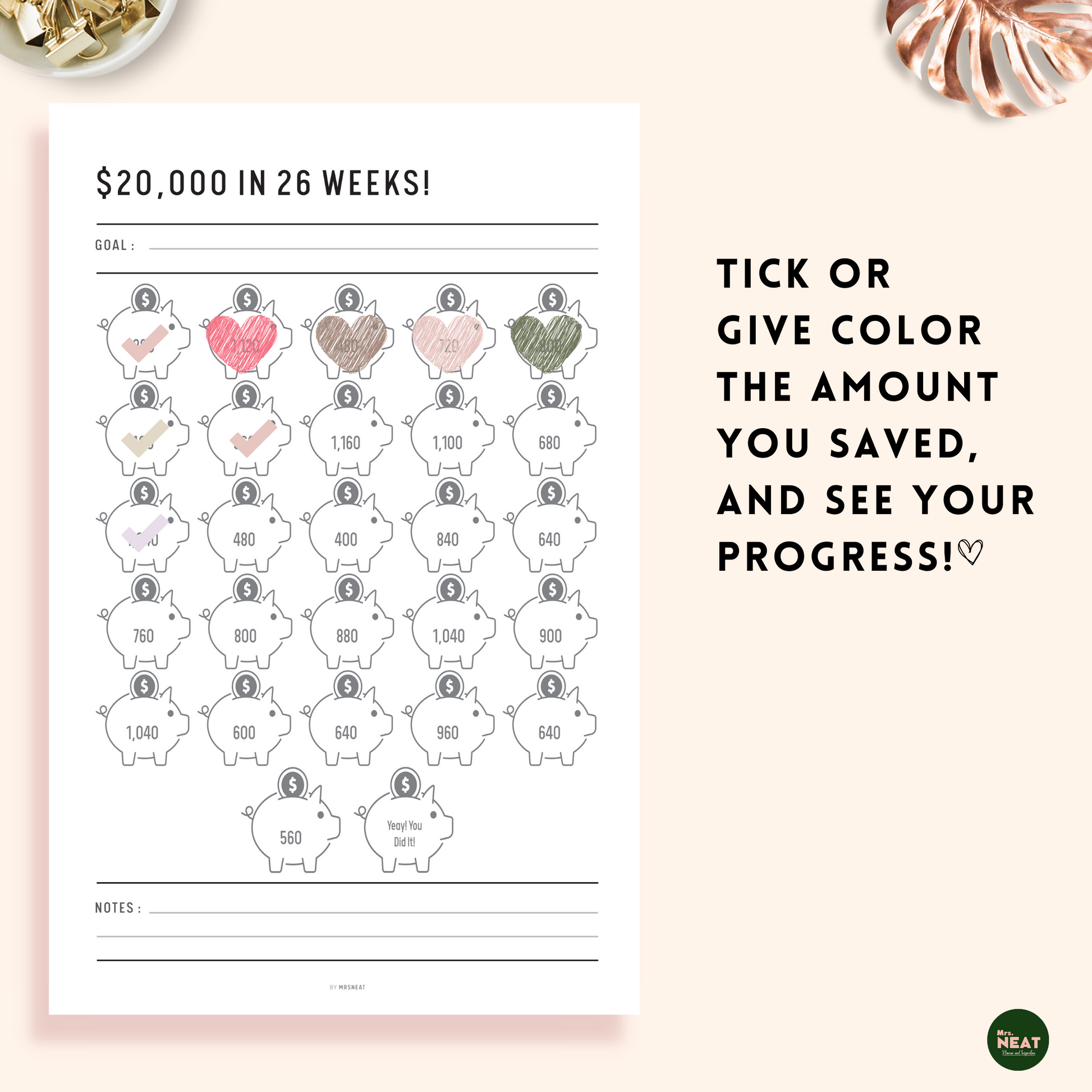 tick up the amount you saved on $20000 saving challenge planner and see your progress