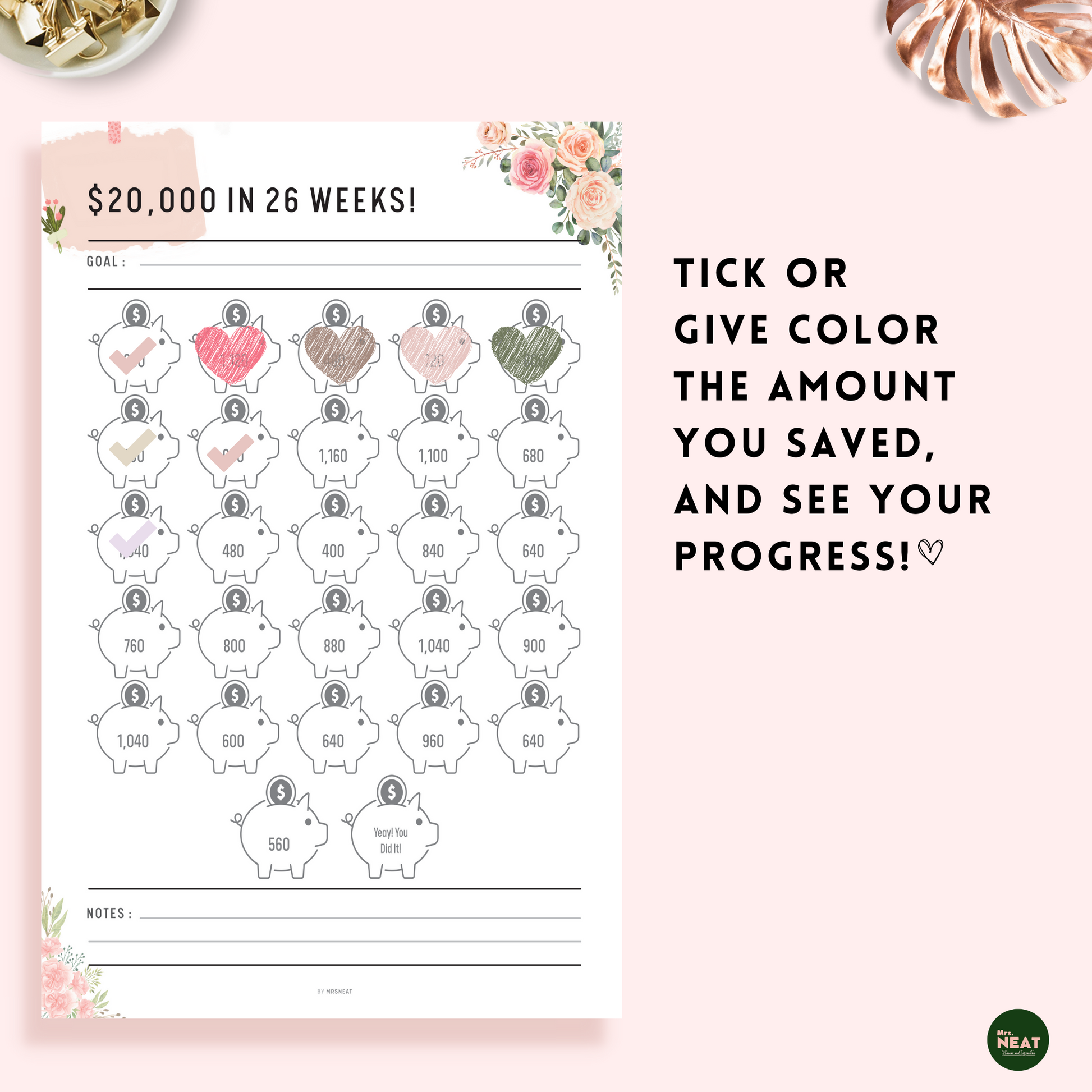 Tick up the amount you saved on this beautiful floral $20000 saving challenge planner and see your progress