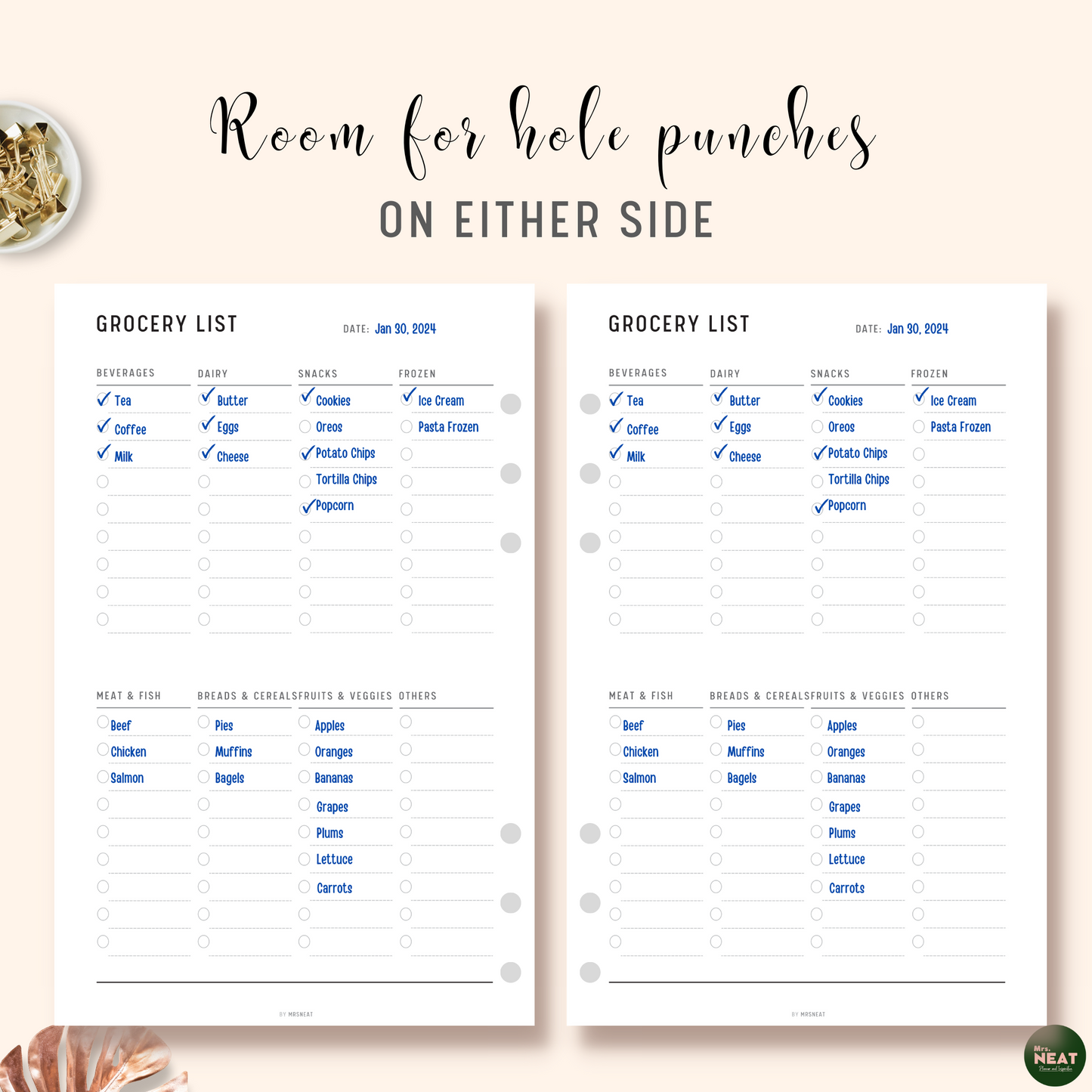 Minimalist Grocery List Planner with room for hole punches on either side