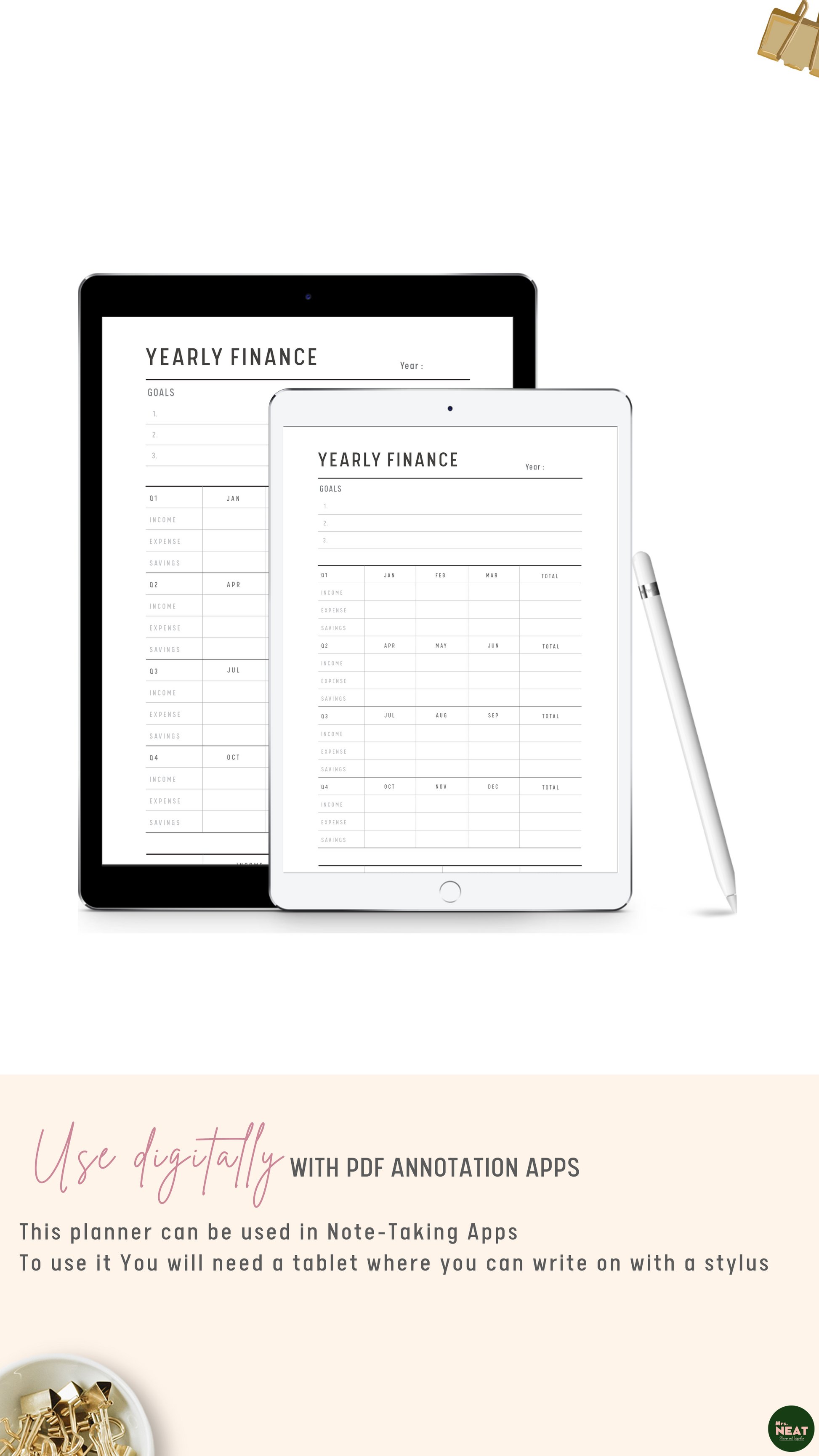 Clean Yearly Financial Planner use digitally with Tablet and Stylus