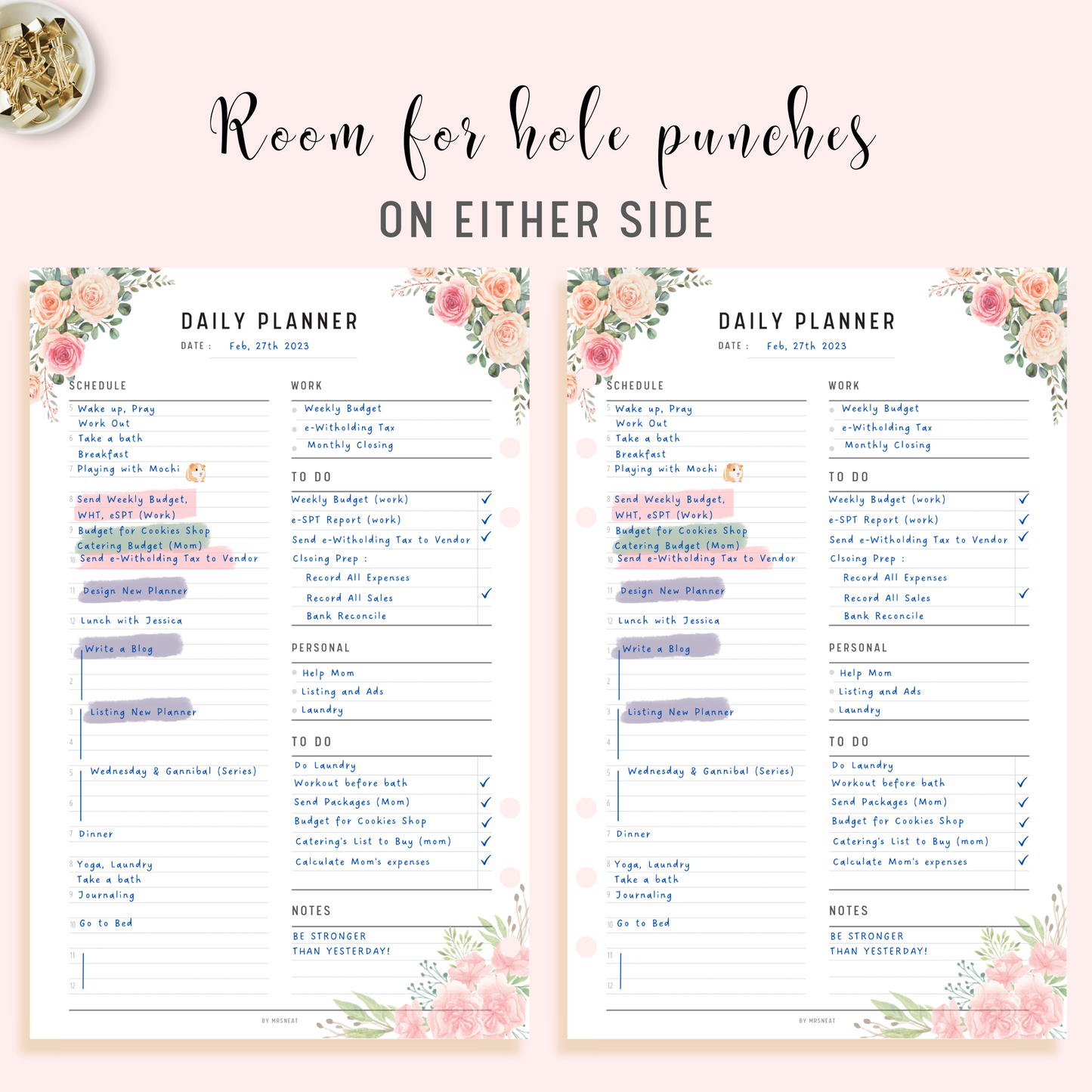 Floral Work from Home Planner Printable with room for hole punches on either side
