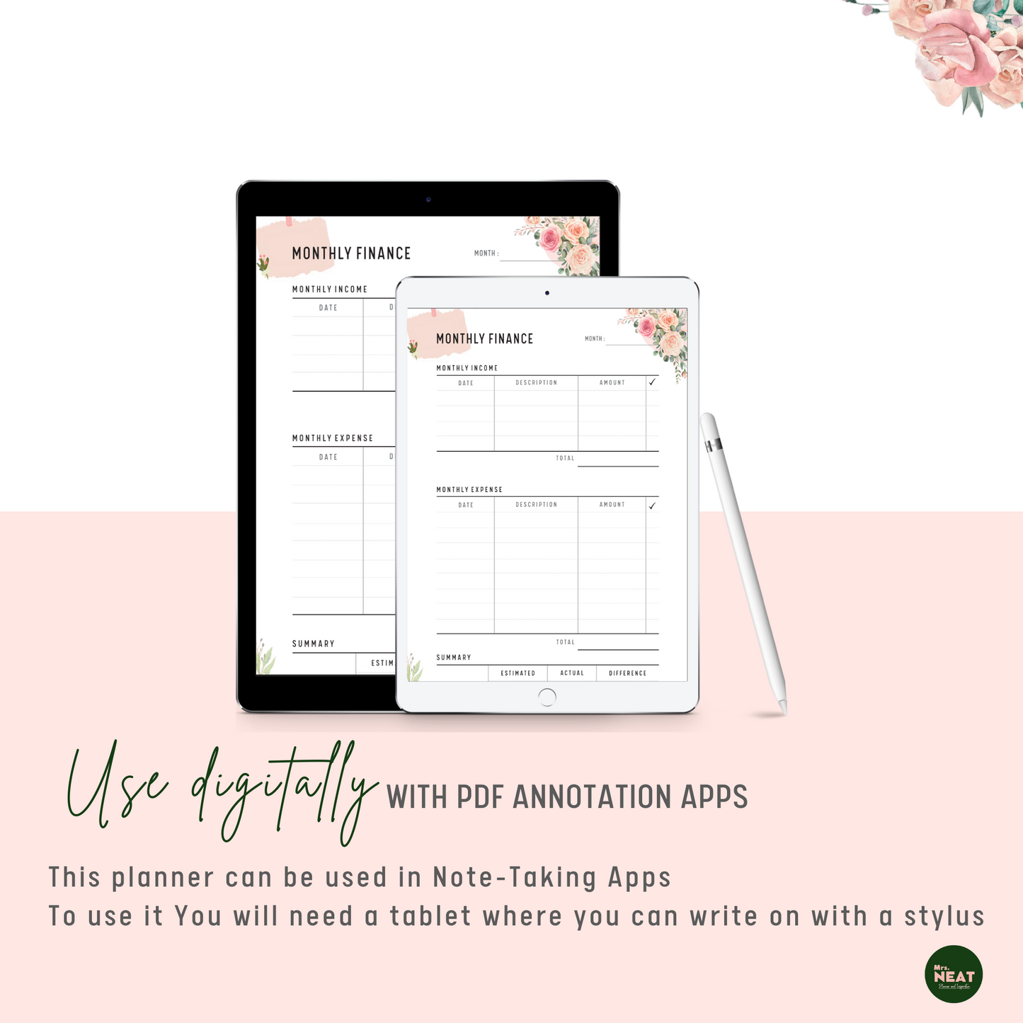 Digital Floral Monthly Finance Planner use digitally on Tablet and Stylus