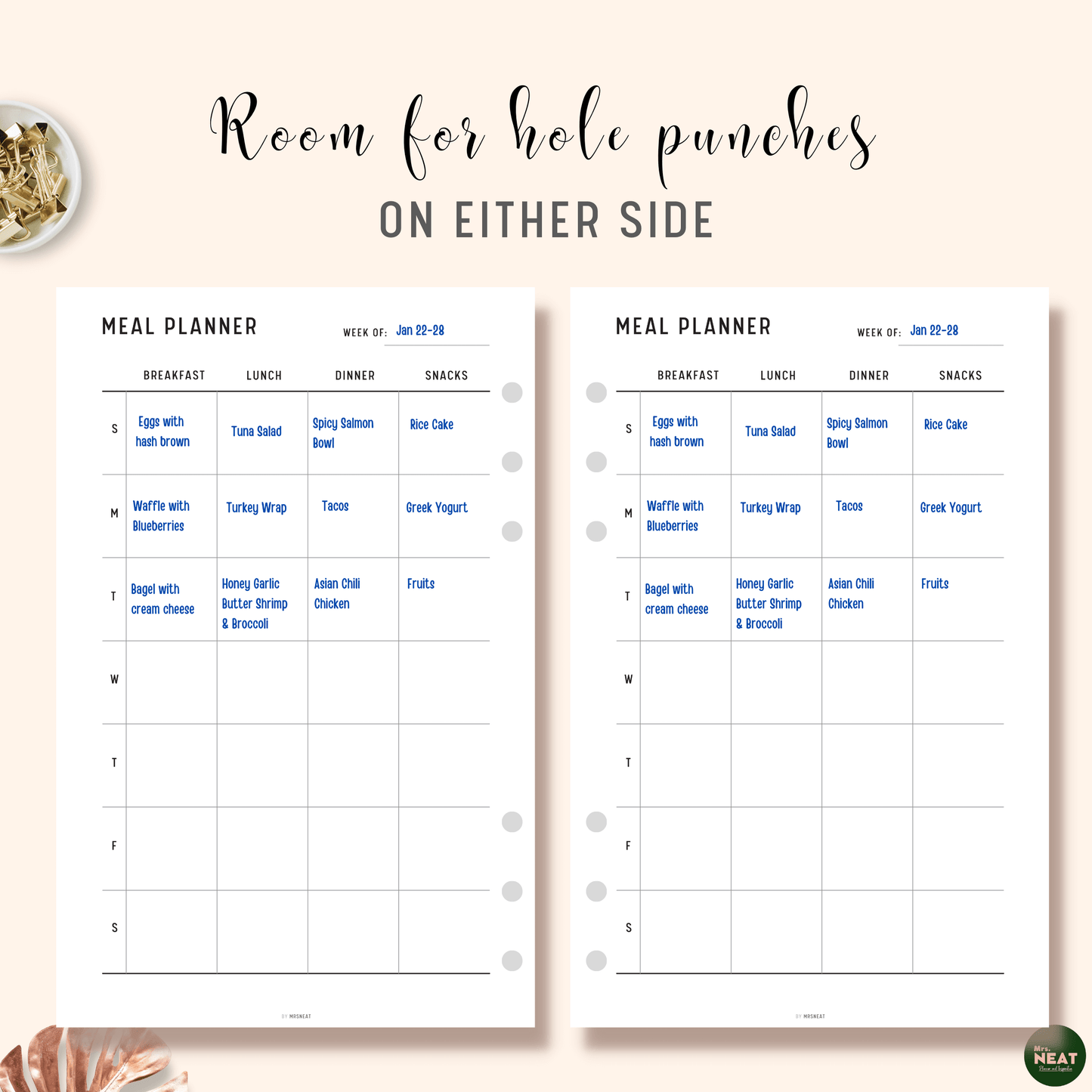 Minimalist Weekly Meal Planner Printable with room for hole punches on either side