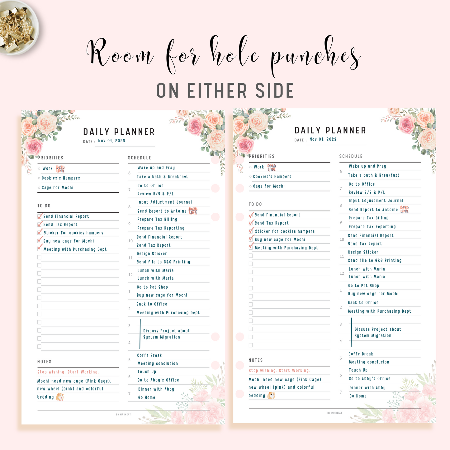 2 Page of Floral Daily Planner Printable with room for hole punches on either side