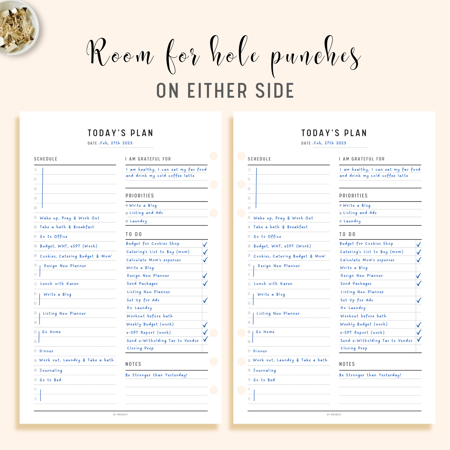 24 Hour Daily Planner Printable with room for hole punches on either side