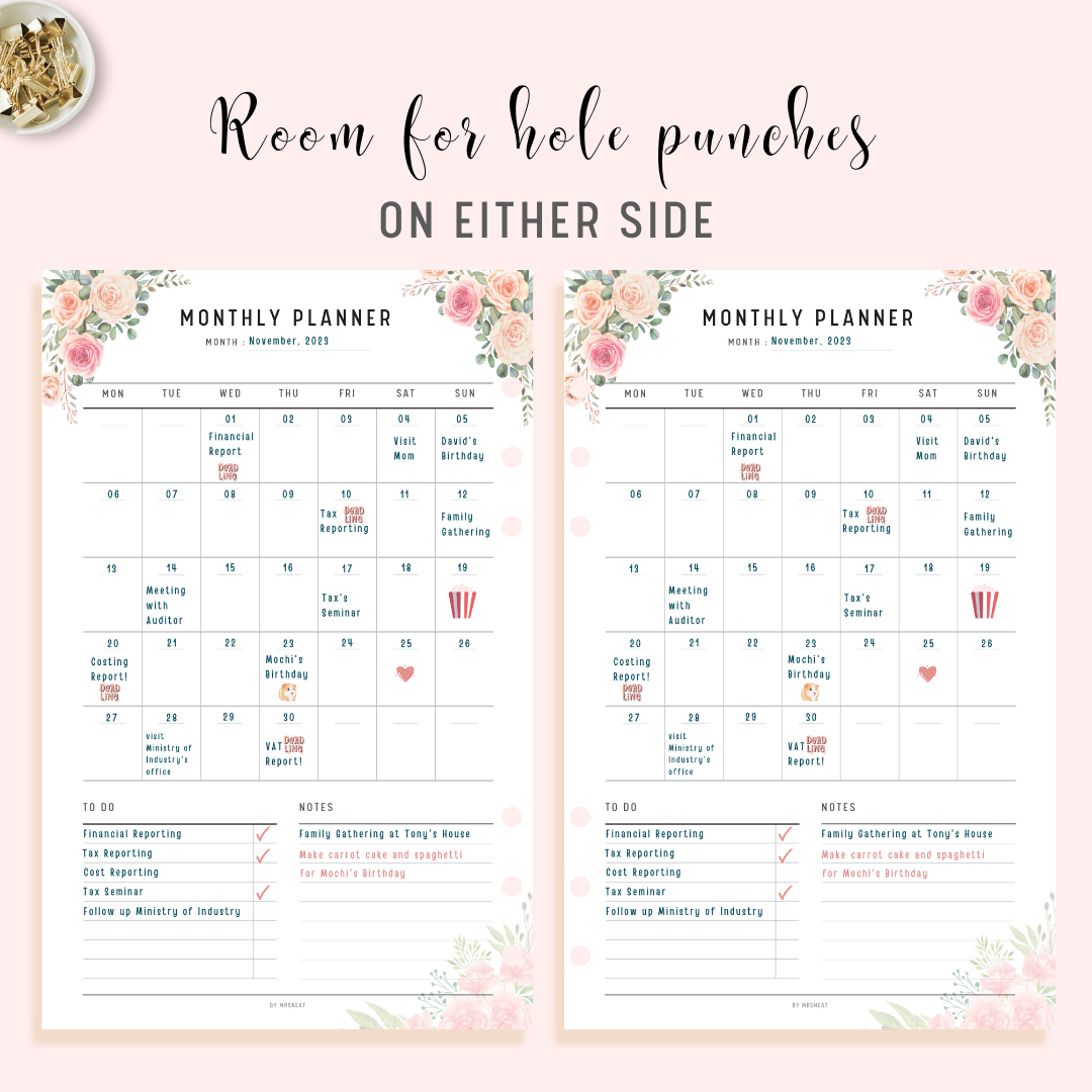 Floral Monthly Planner Printable with room for hole punches on either side