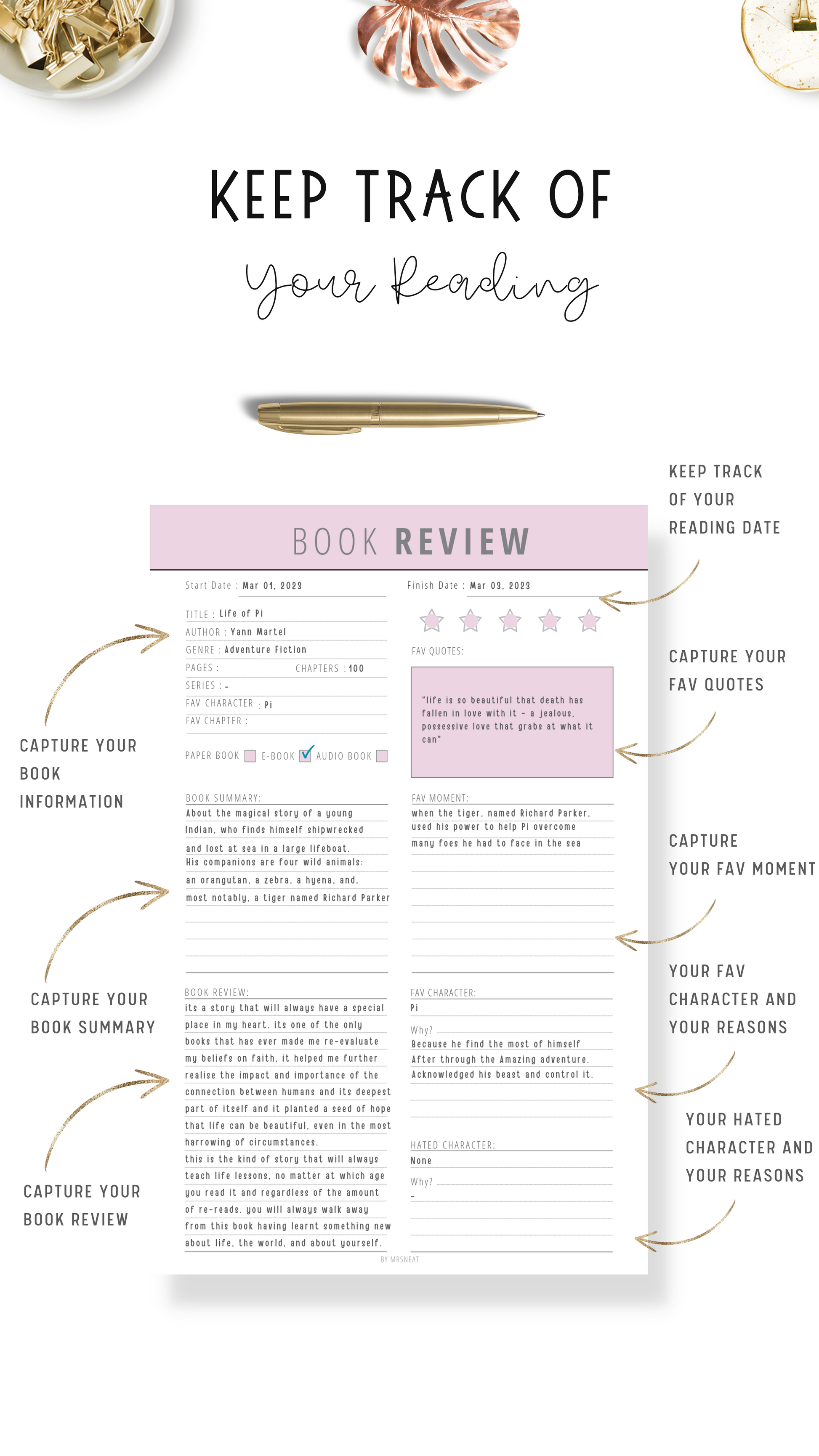 Book Review planner to keep on track the reading journal with book information detail