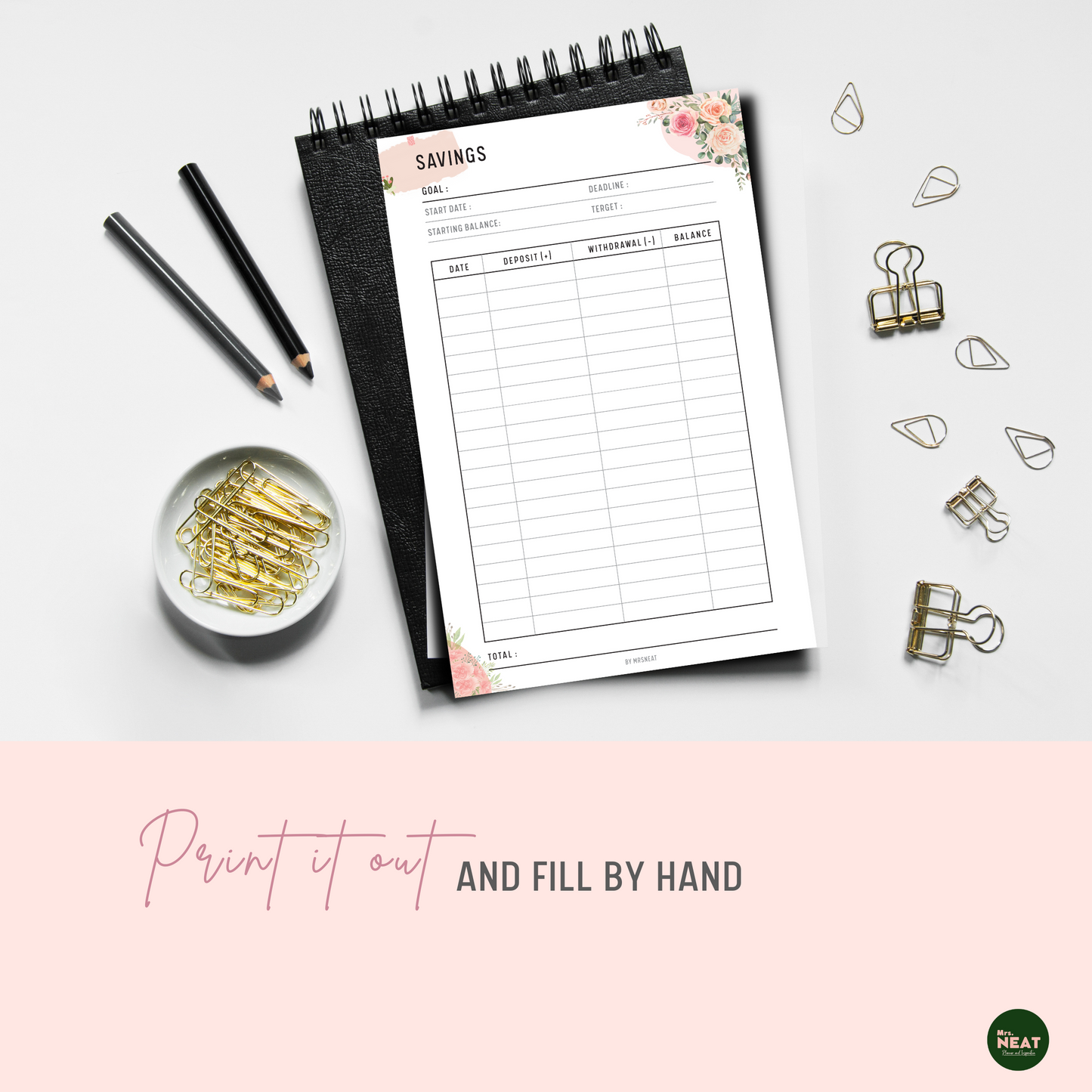 Cute Pink Floral Saving Tracker printed out and put on the black book with stationery surround