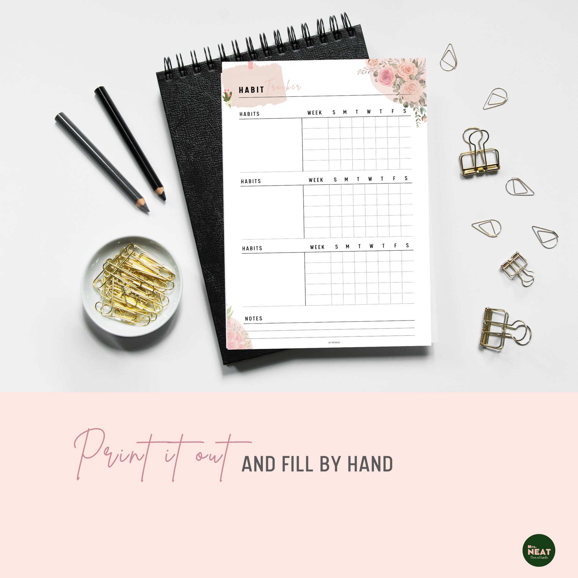 Printed out Floral Habit Tracker and put on the black book with aesthetic gold stationaries