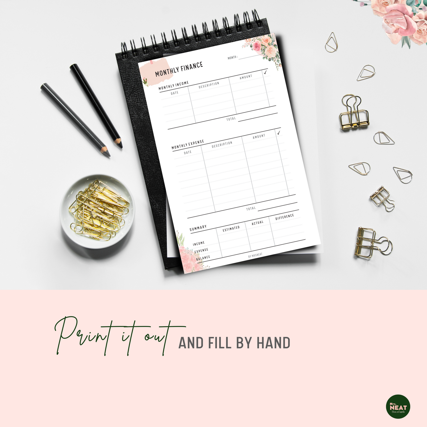 Floral Monthly Finance Planner printed out and put on the black book with aesthetic stationery surround