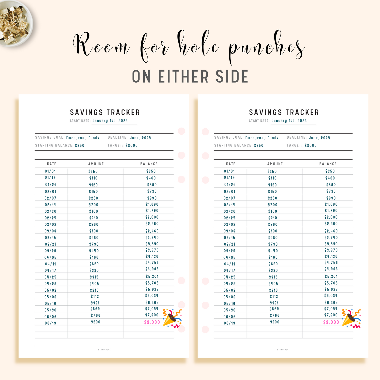 Saving Tracker Planner Printable with room for hole punches on either side