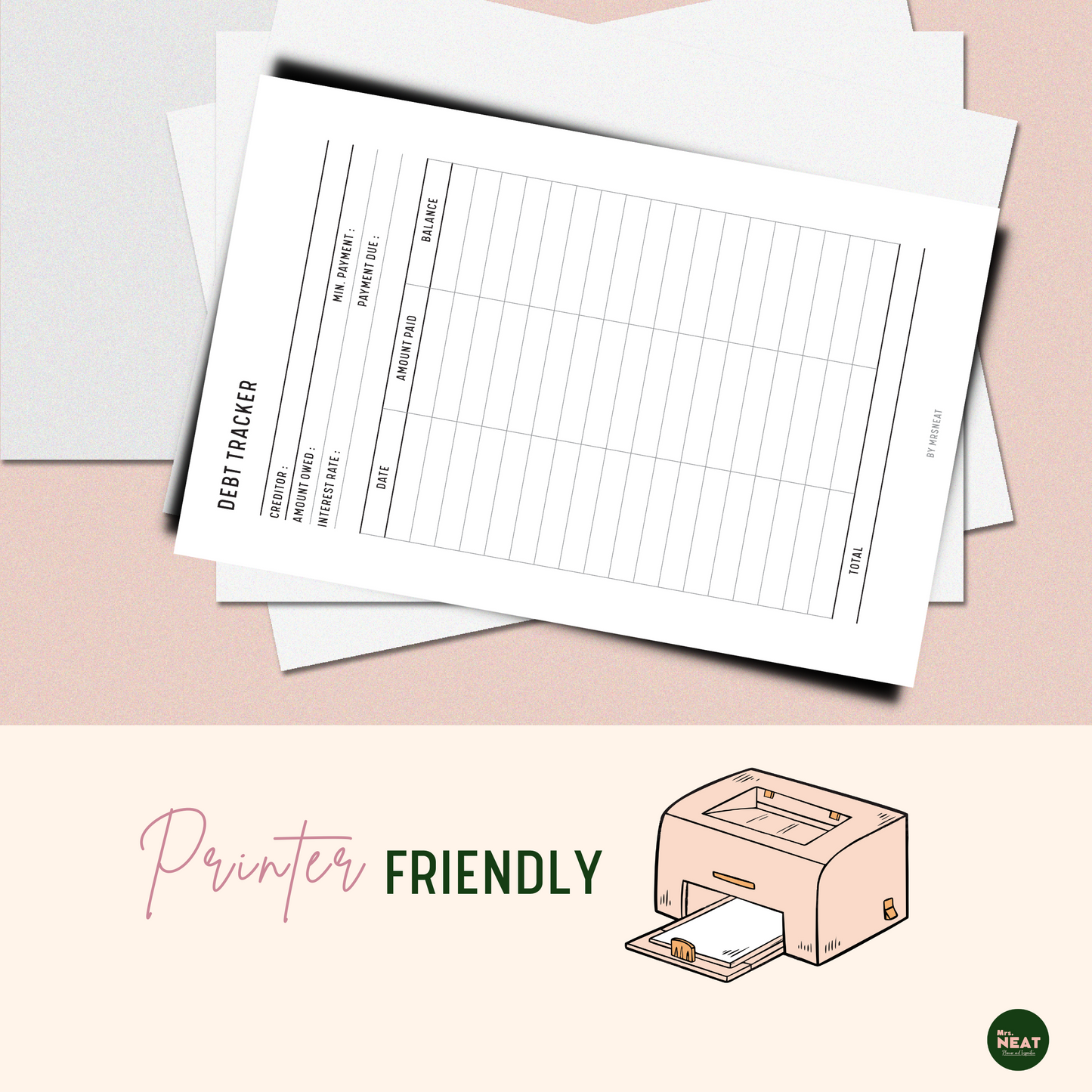 Cute and Minimalist Debt Payment Tracker Planner printed out from pink printer