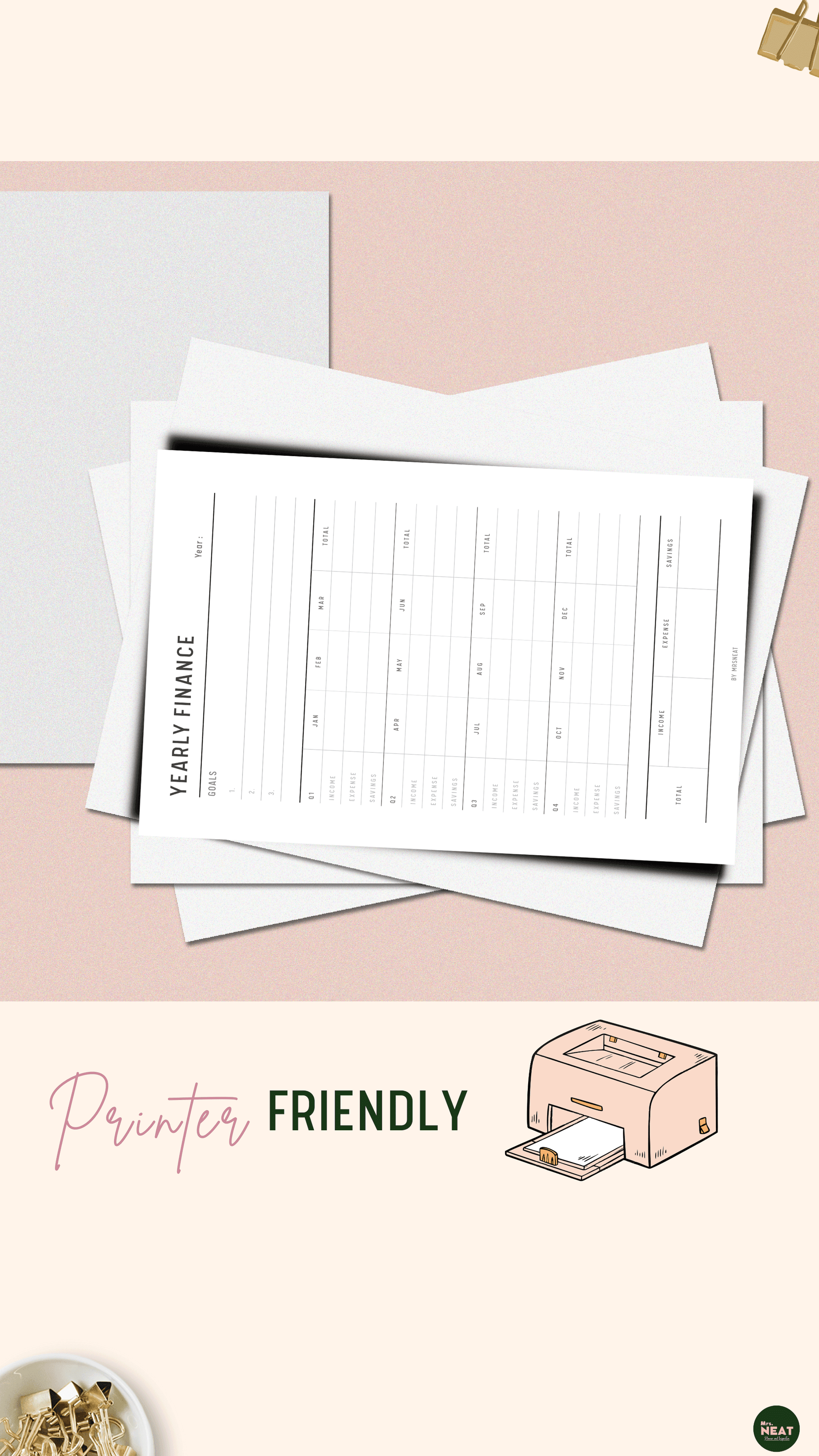 Minimalist Yearly Financial Planner printed out from cute pink printer 