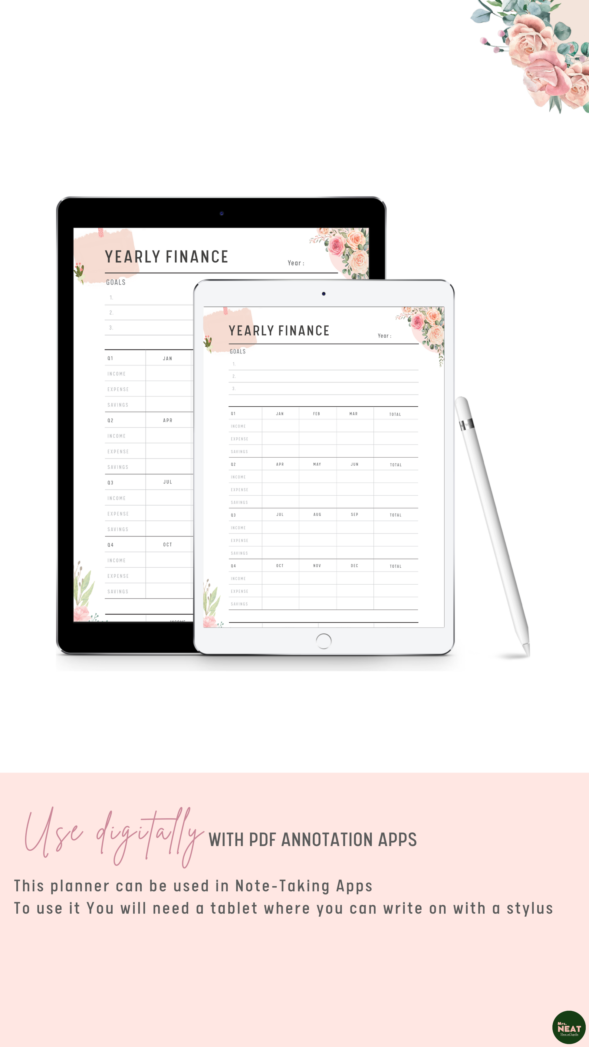 Floral Yearly Financial Planner use digitally with Tablet and Stylus