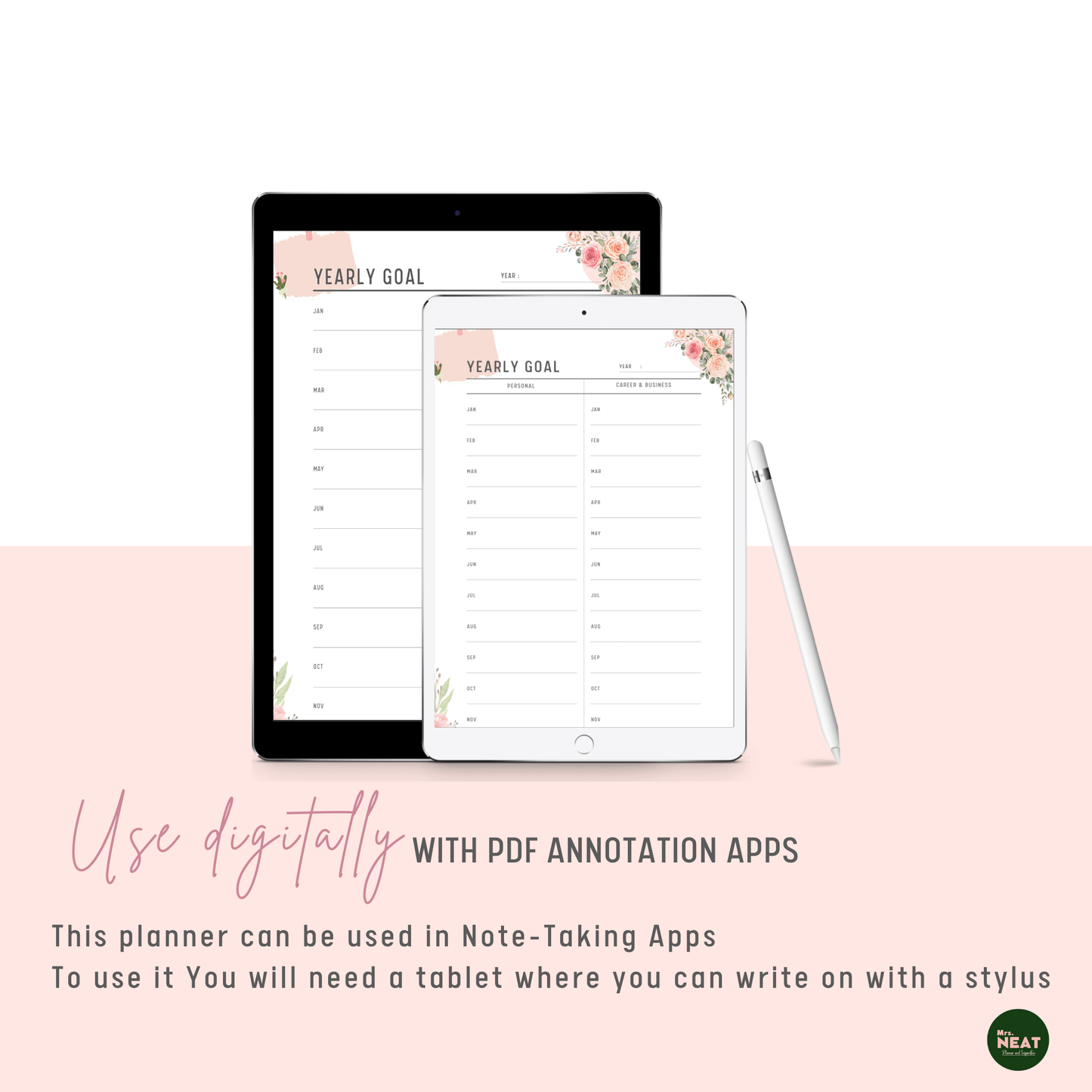 Beautiful Floral Yearly Goal Planner use digitally with Tablet and Stylus