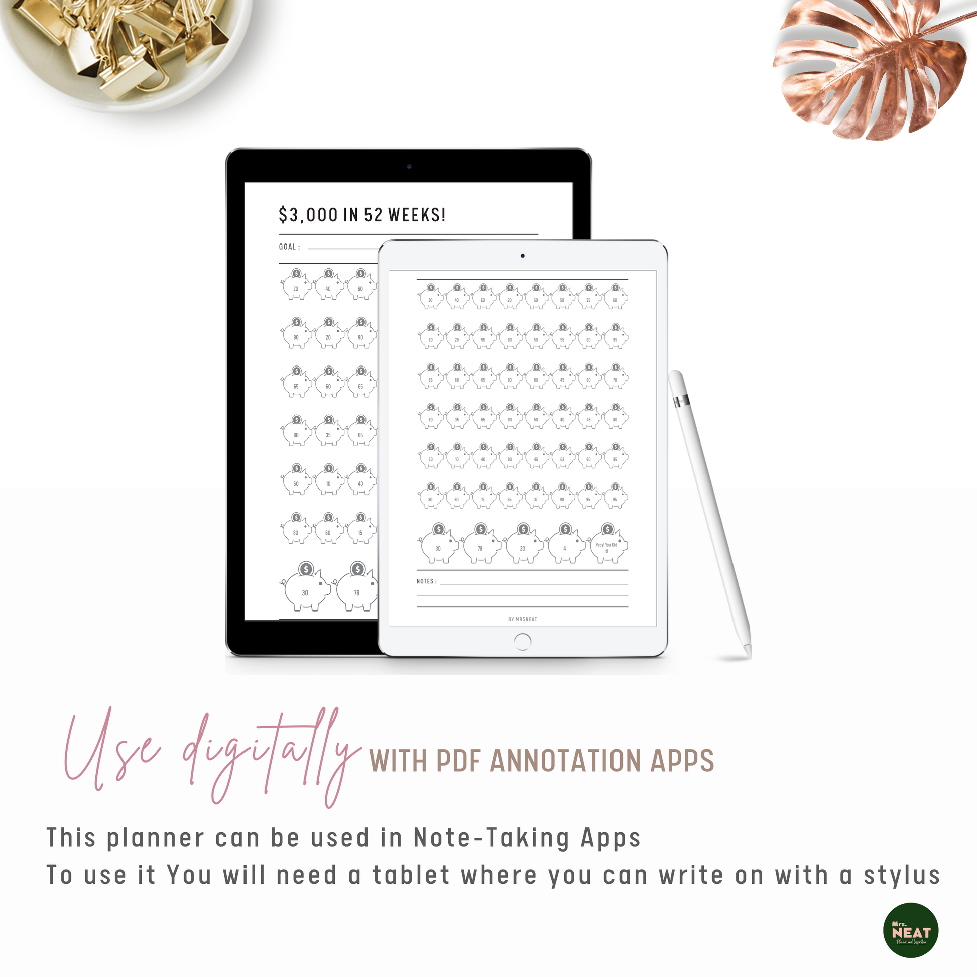 Cute Piggy bank saving challenge planner that saved money $3000 in 52 weeks can be use digitally with PDF Annotation Apps