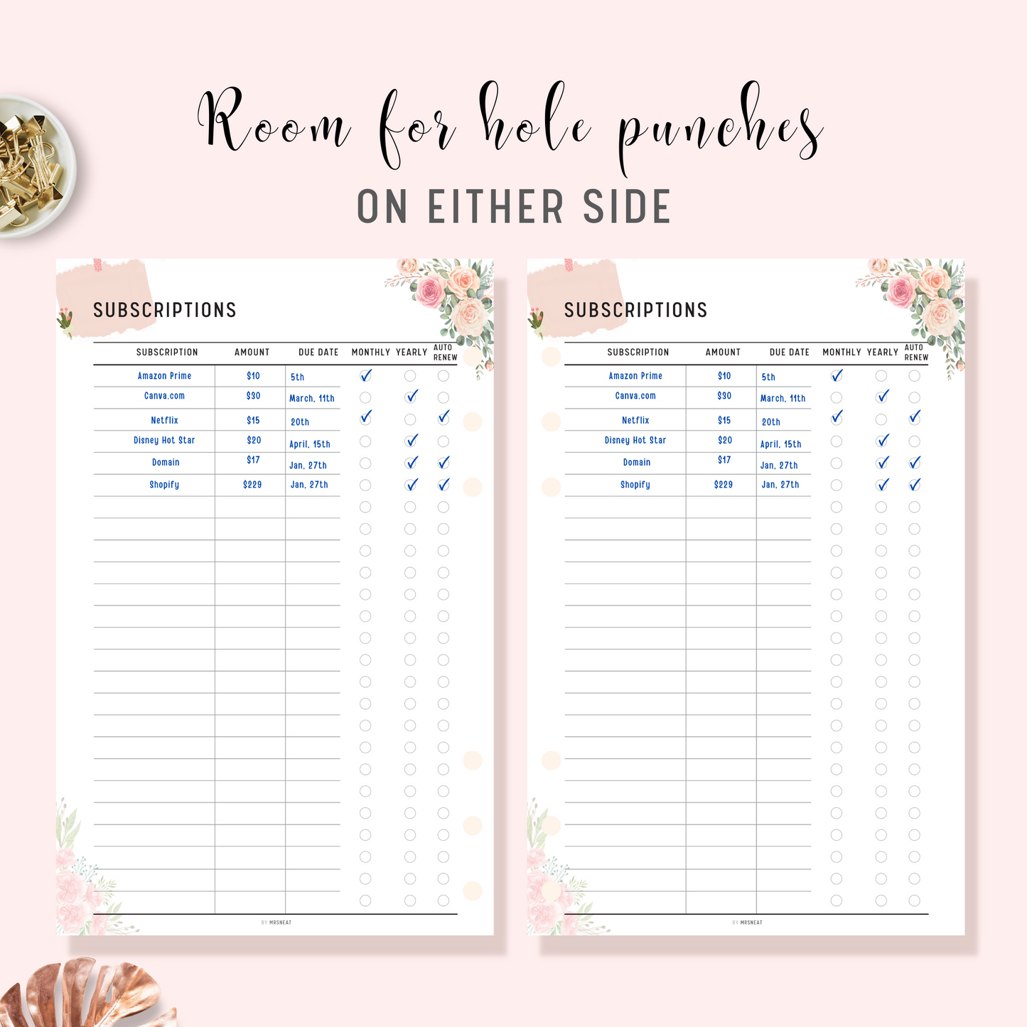Floral Subscription Tracker Planner Printable with room for hole punches on either side