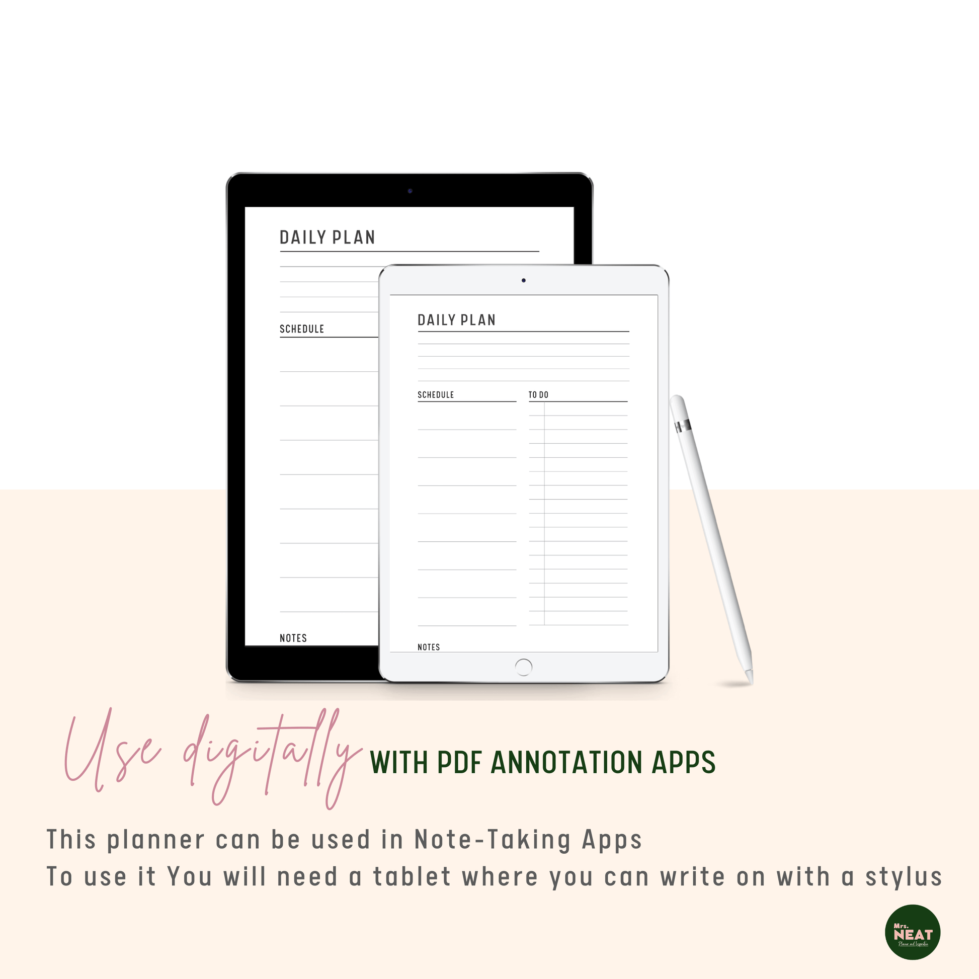 Clean and Cute Daily Planner use digitally on tablet with stylus