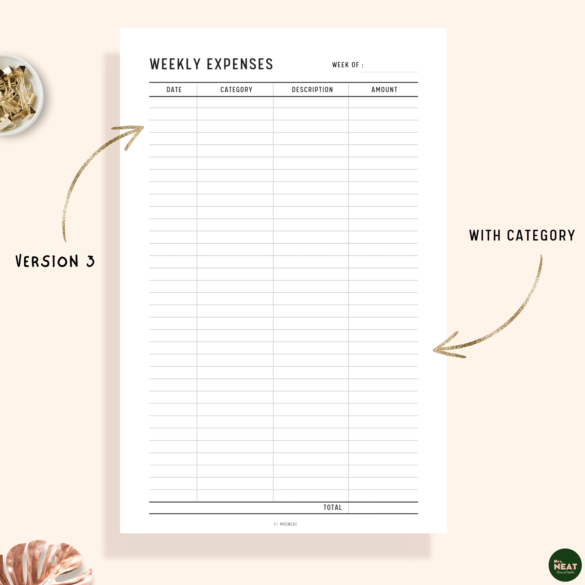 Weekly Expenses Tracker Planner Printable with room for date, amount, category and description