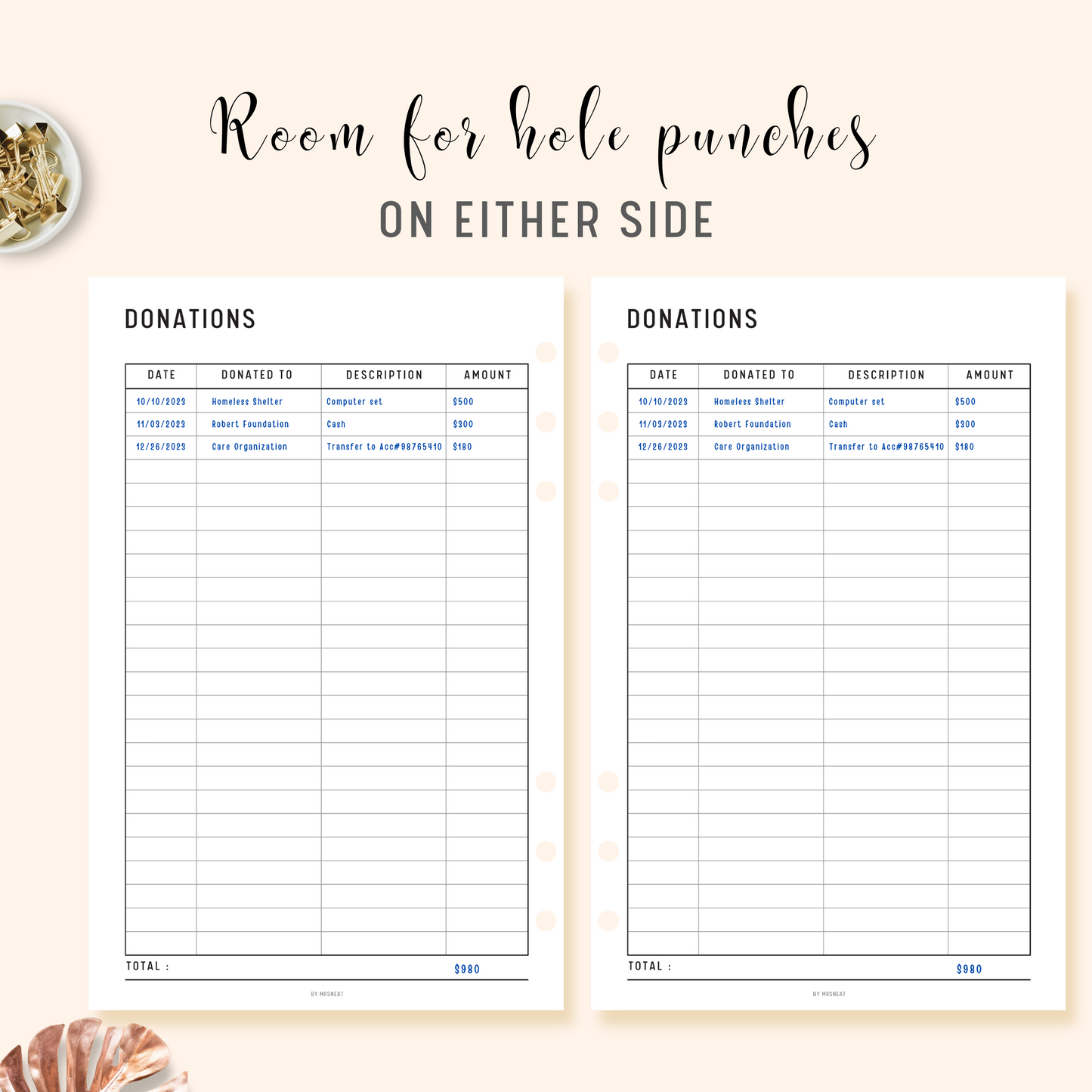 Minimalist Donation Tracker Planner Printable with room for hole punches on either side