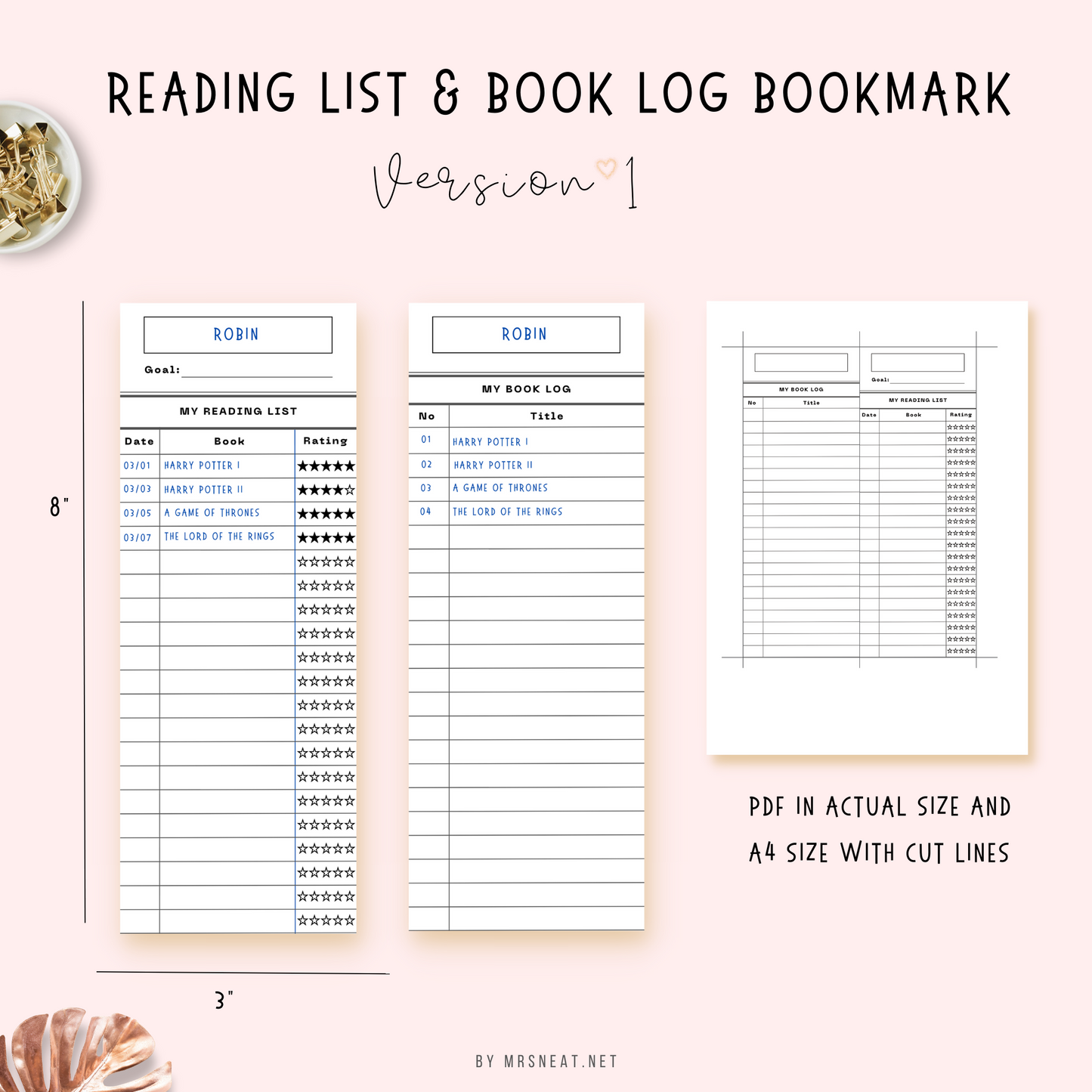 Cute and Beautiful Reading List with room for reading goal and Book Log bookmark with 8 inch x 3 inch size