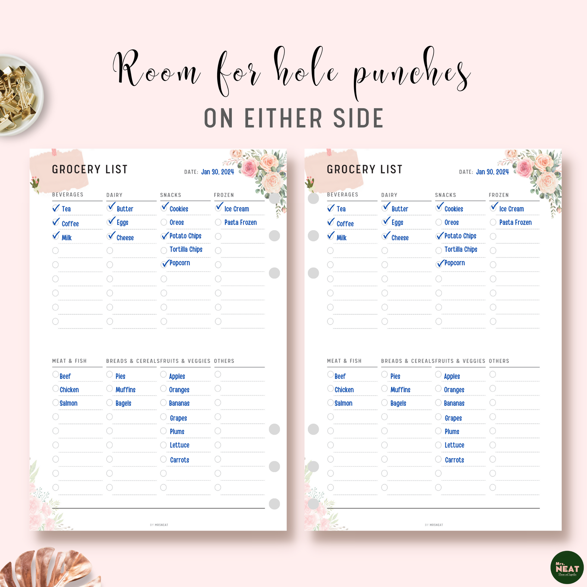 Floral Grocery List Printable Planner with room for hole punches on either side