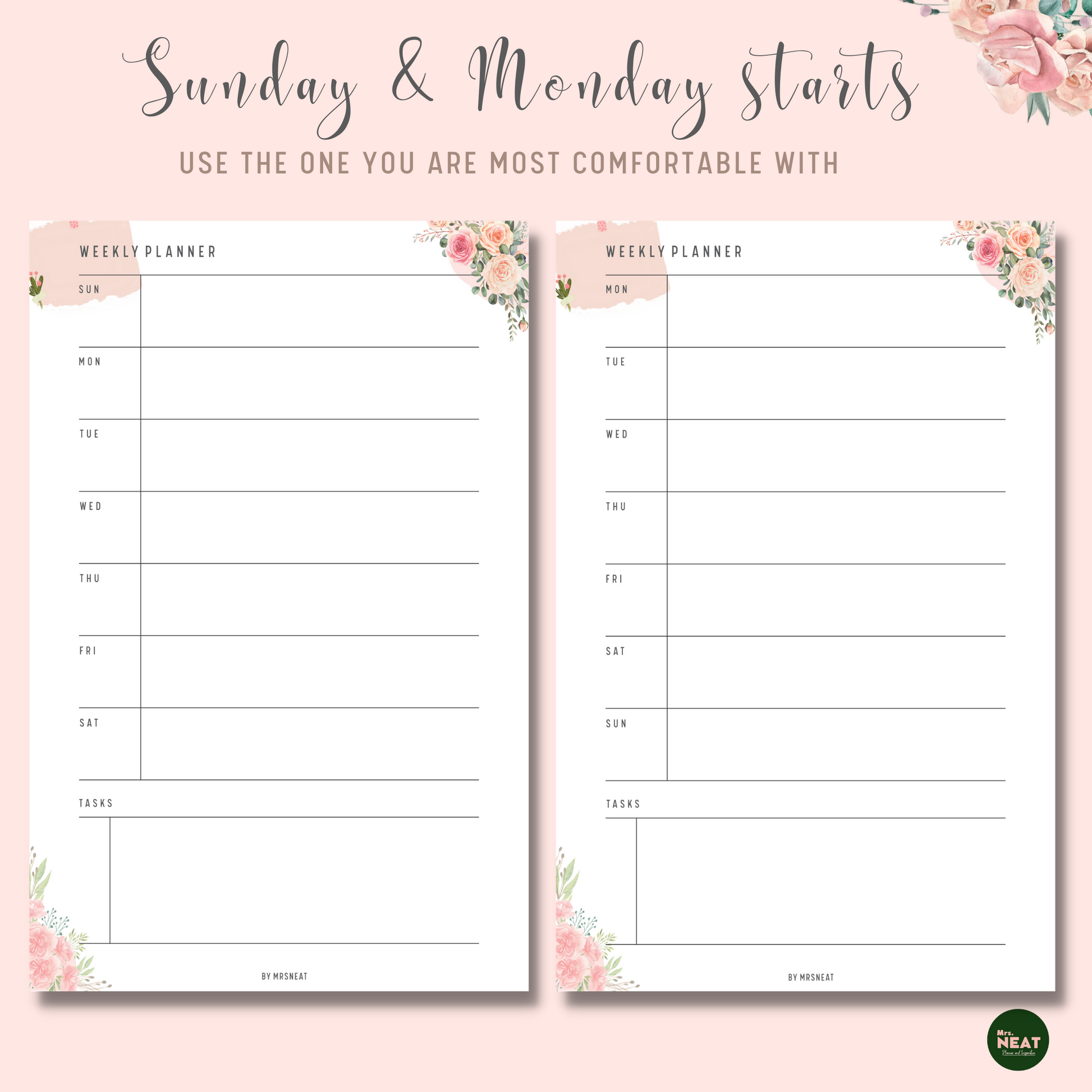 Cute Pink Floral Weekly Planner with Sunday Start and Monday Start page