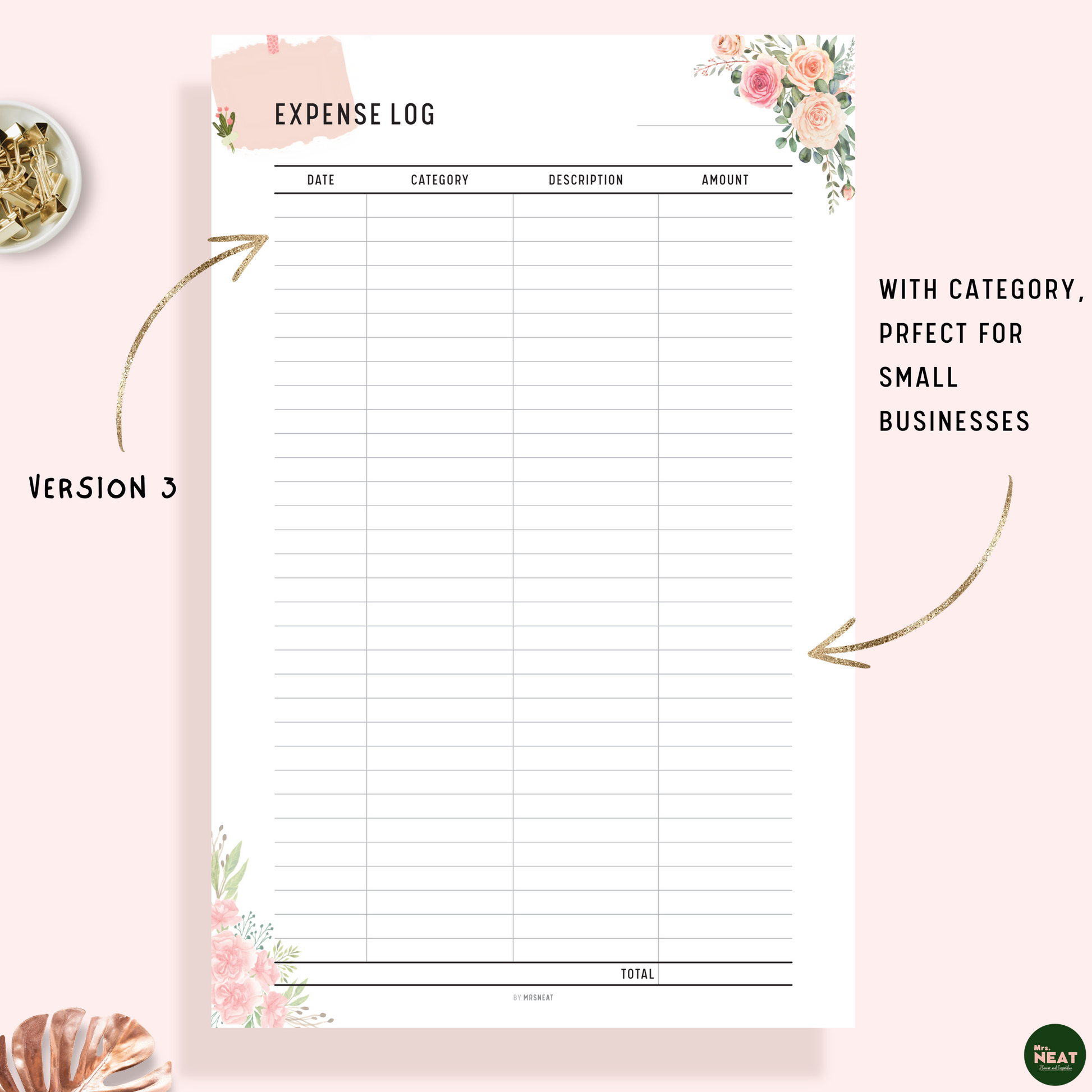 Floral Expense Log Tracker Printable Planner with room for category, date, description and amount