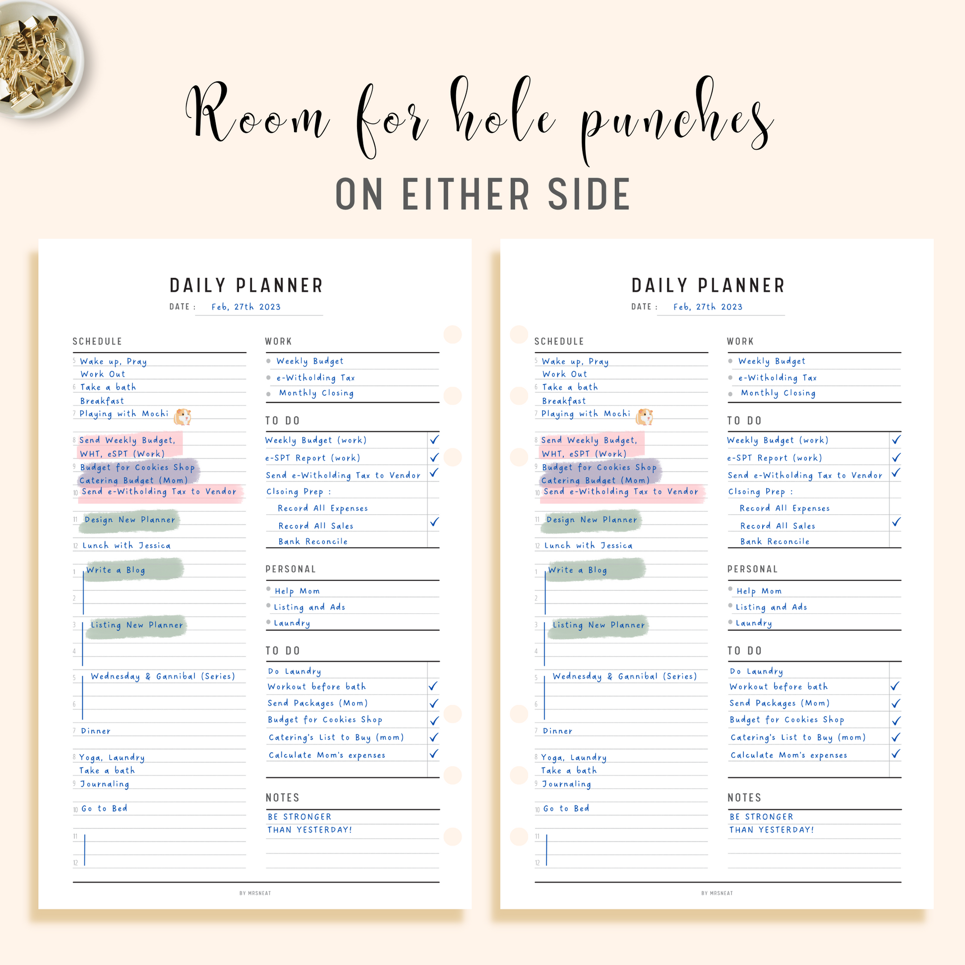 Work from Home Daily Planner Printable with room for hole punches on either side