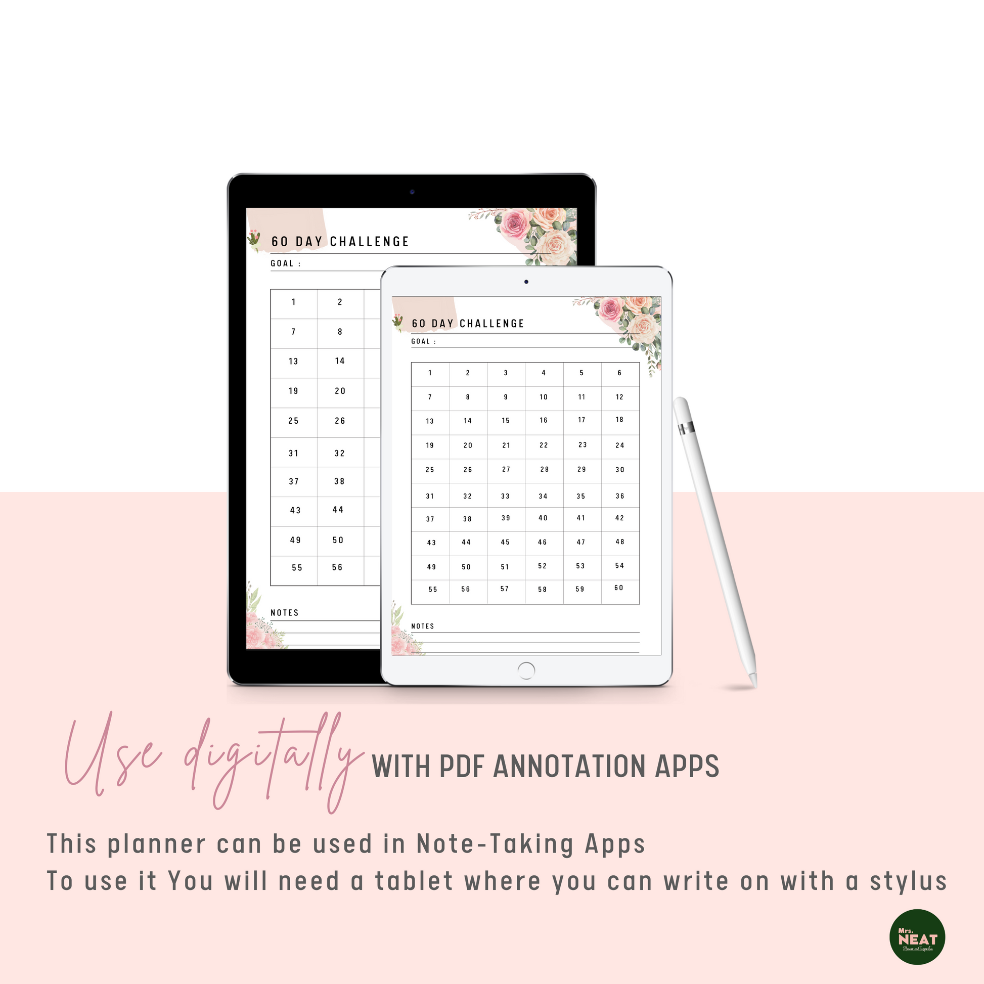Cute Floral 60 Day Challenge Planner use digitally with Tablet and Stylus
