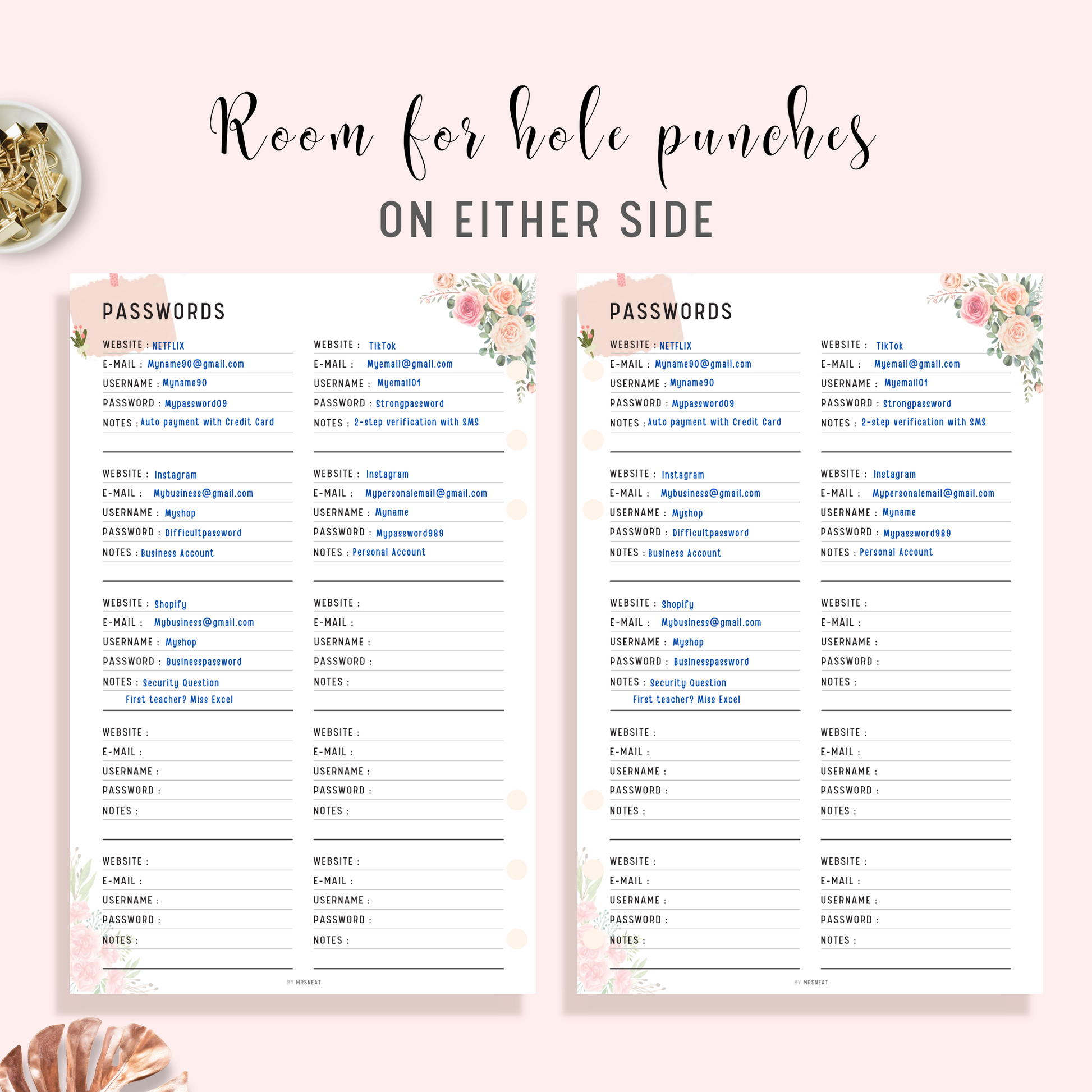 Floral Password Tracker Planner Printable with room for hole punches on either side