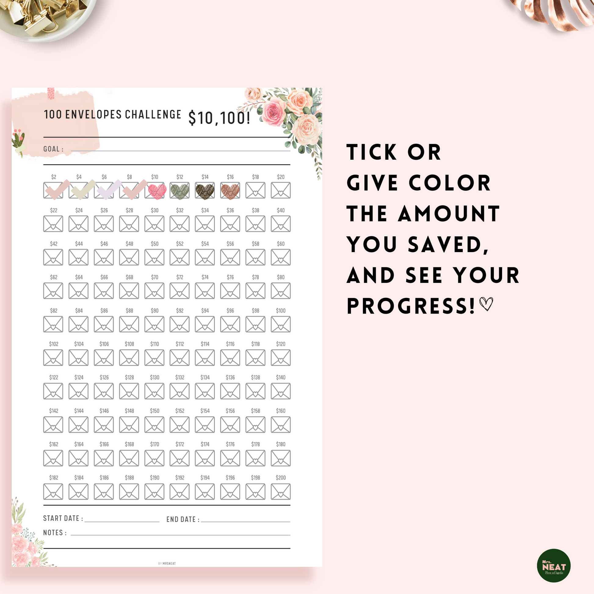 Floral 100 Envelope Challenge Planner will help you keep on track of your saving progress