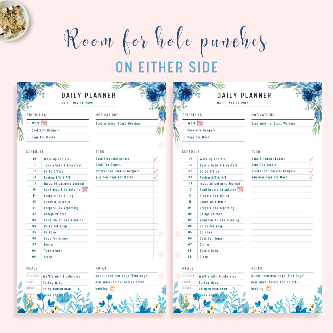 Blue Floral Daily Planner Printable with room for hole punches on either side