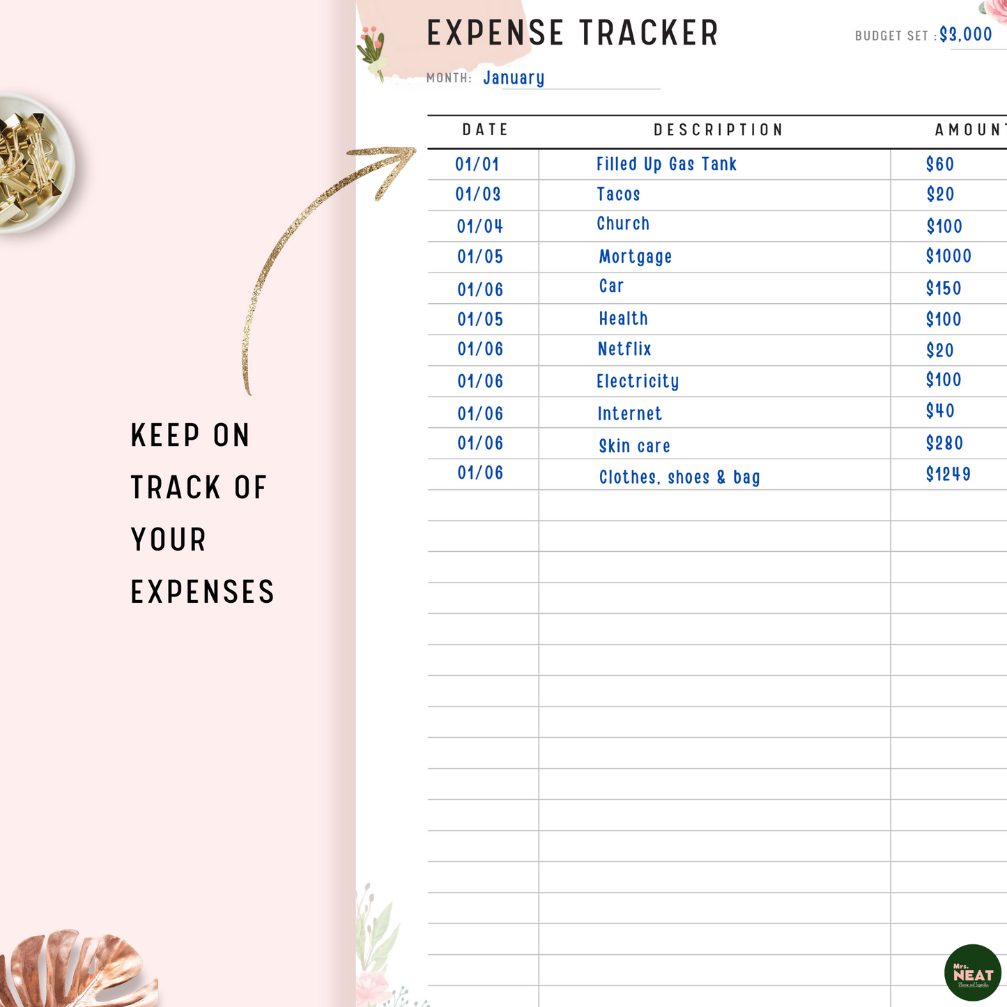 Floral Expense Planner with monthly expense projected and detail of list expenses