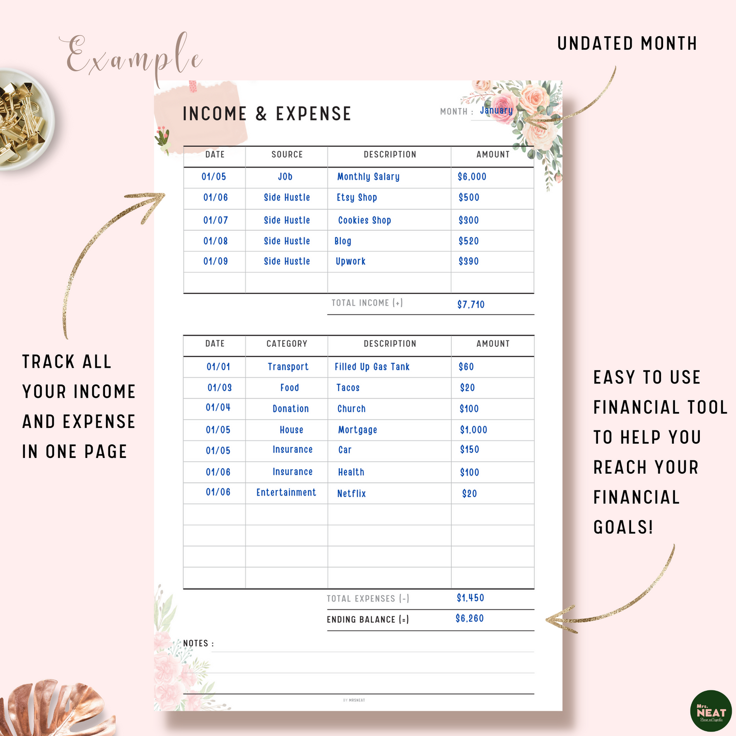 Floral Income and Expense Tracker Planner with list item of income and expenses as an example