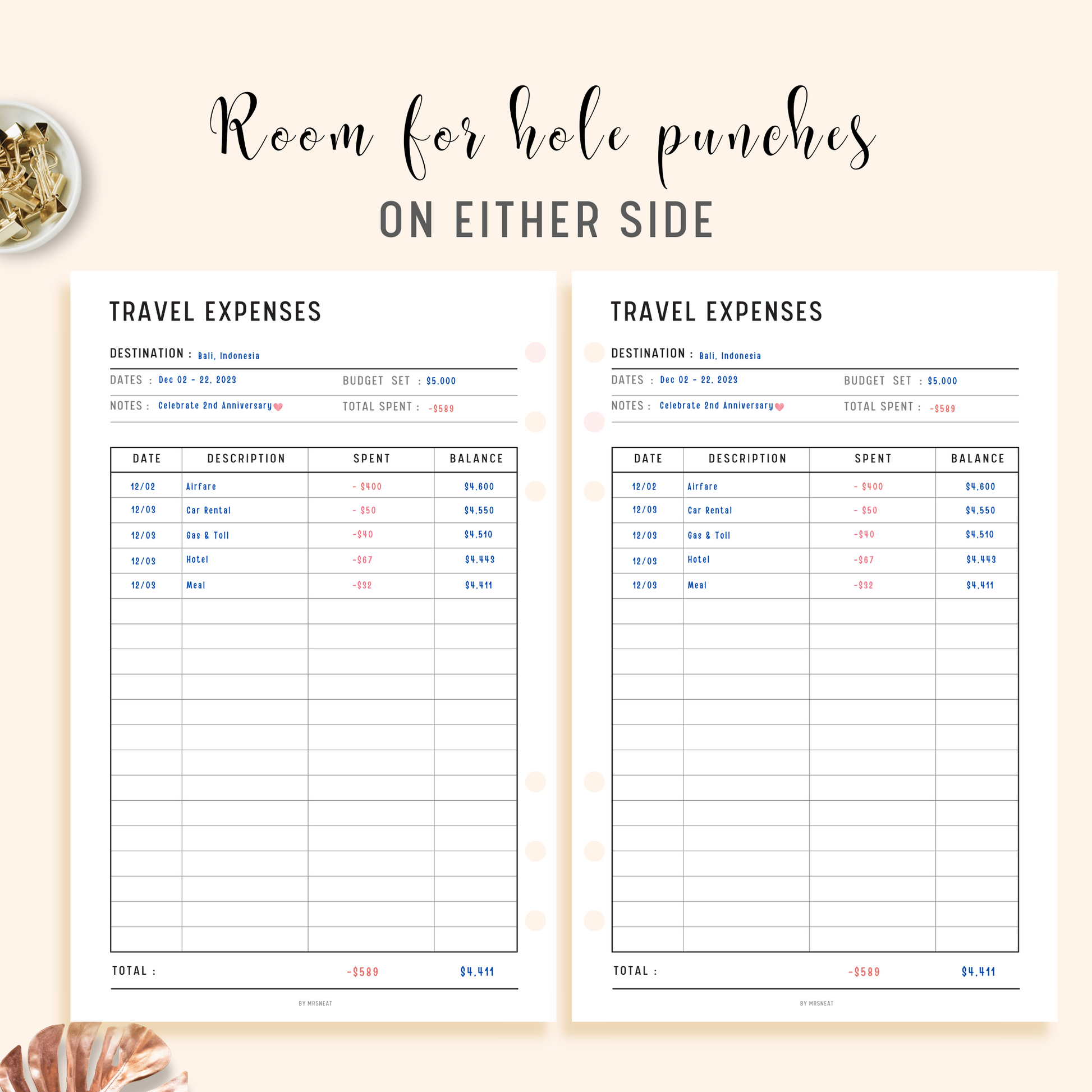 Travel Expenses Tracker Planner Printable with room for hole punches on either side