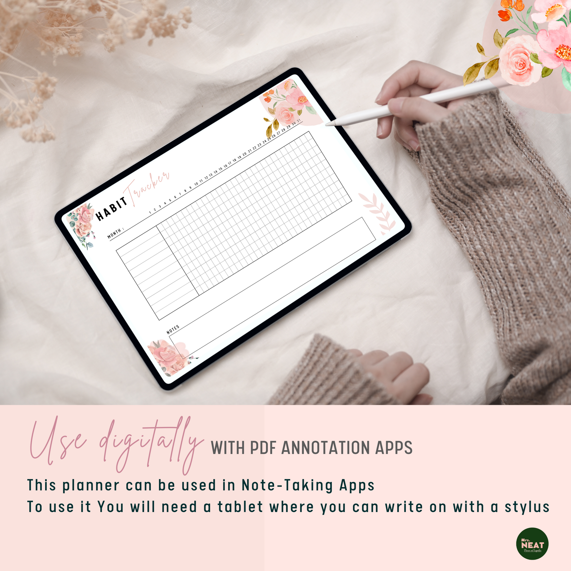 Cute and Minimalist Floral Monthly Habit Tracker use digitally with Tablet and Stylus