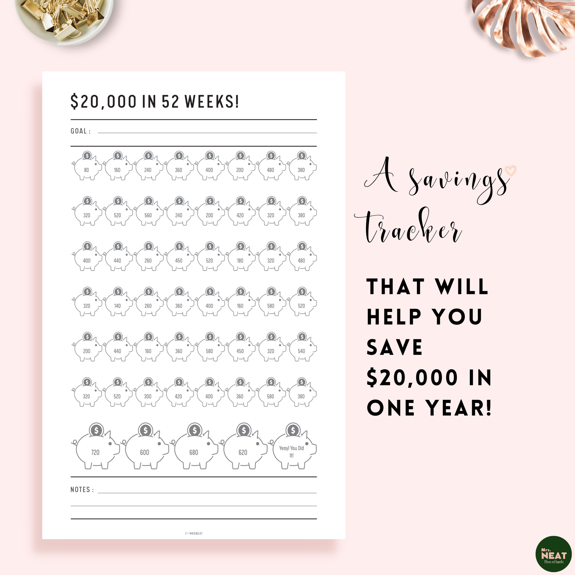 Cute Piggy Bank Saving Tracker that will help you save $20000 in a year