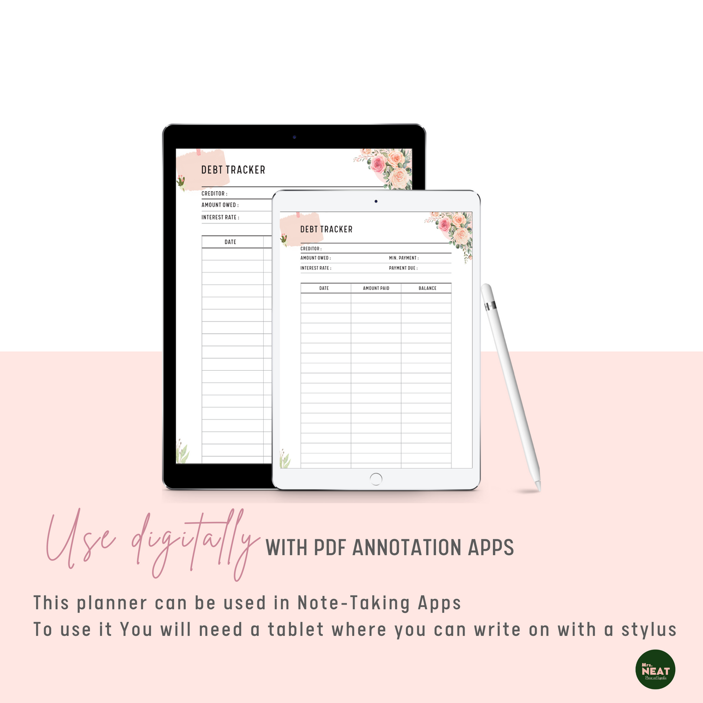 Cute Floral Debt Payment Tracker use digitally with Tablet and Stylus