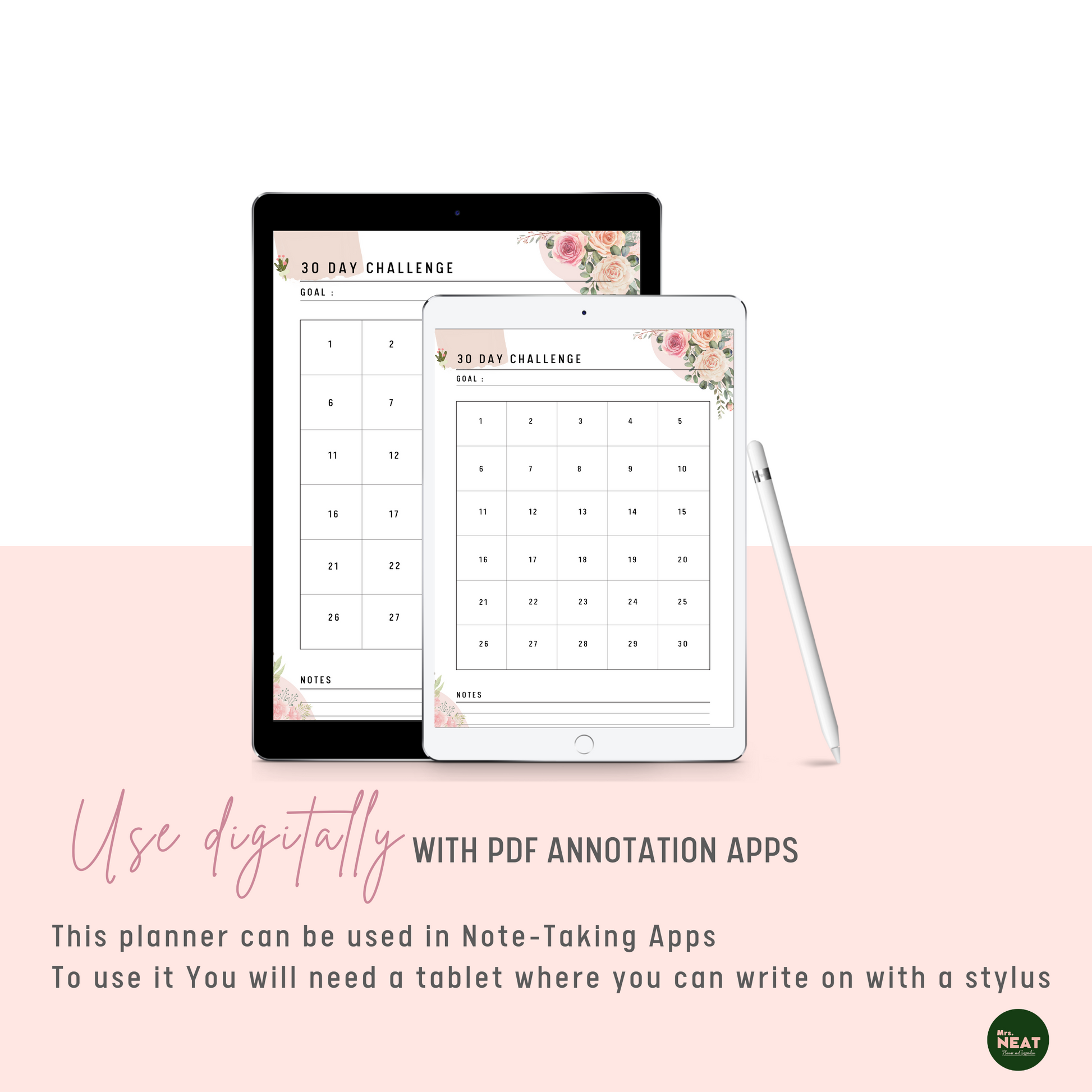 Floral 30 Day Challenge Planner use digitally with Tablet and Stylus
