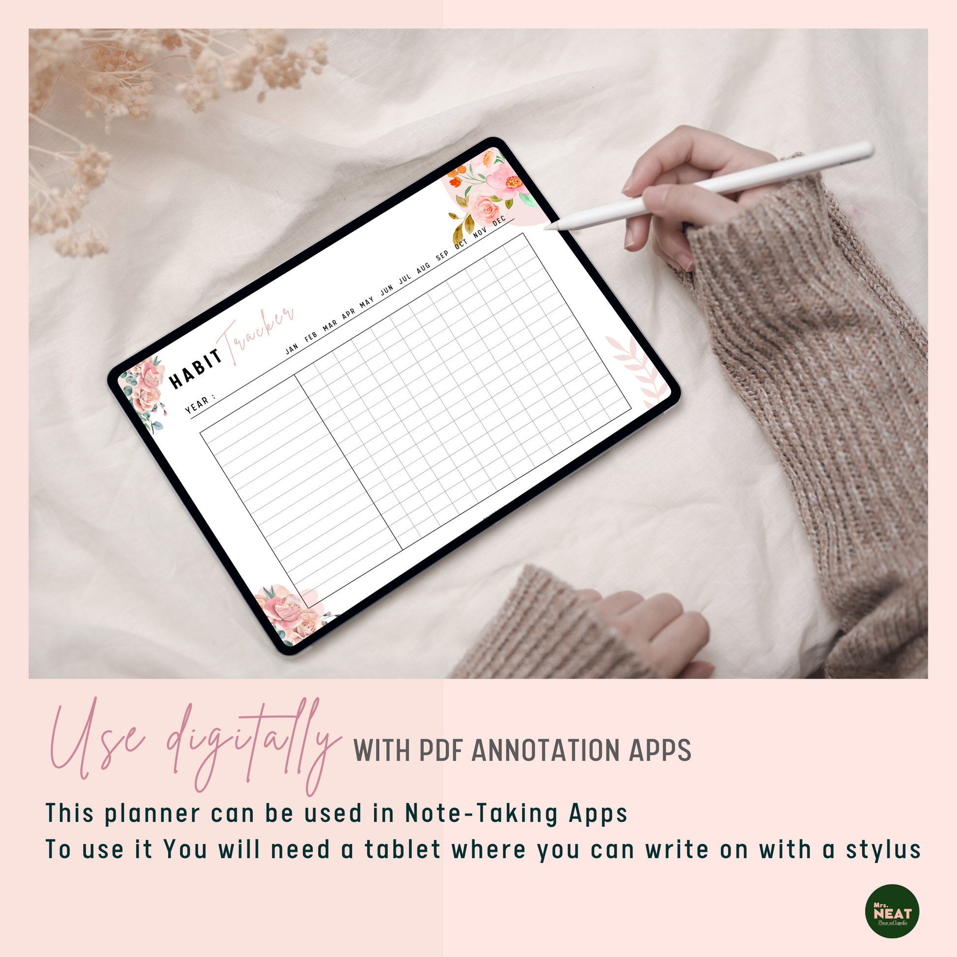 Beautiful Floral Horizontal Yearly Habit Tracker Planner use digitally on tablet with stylus