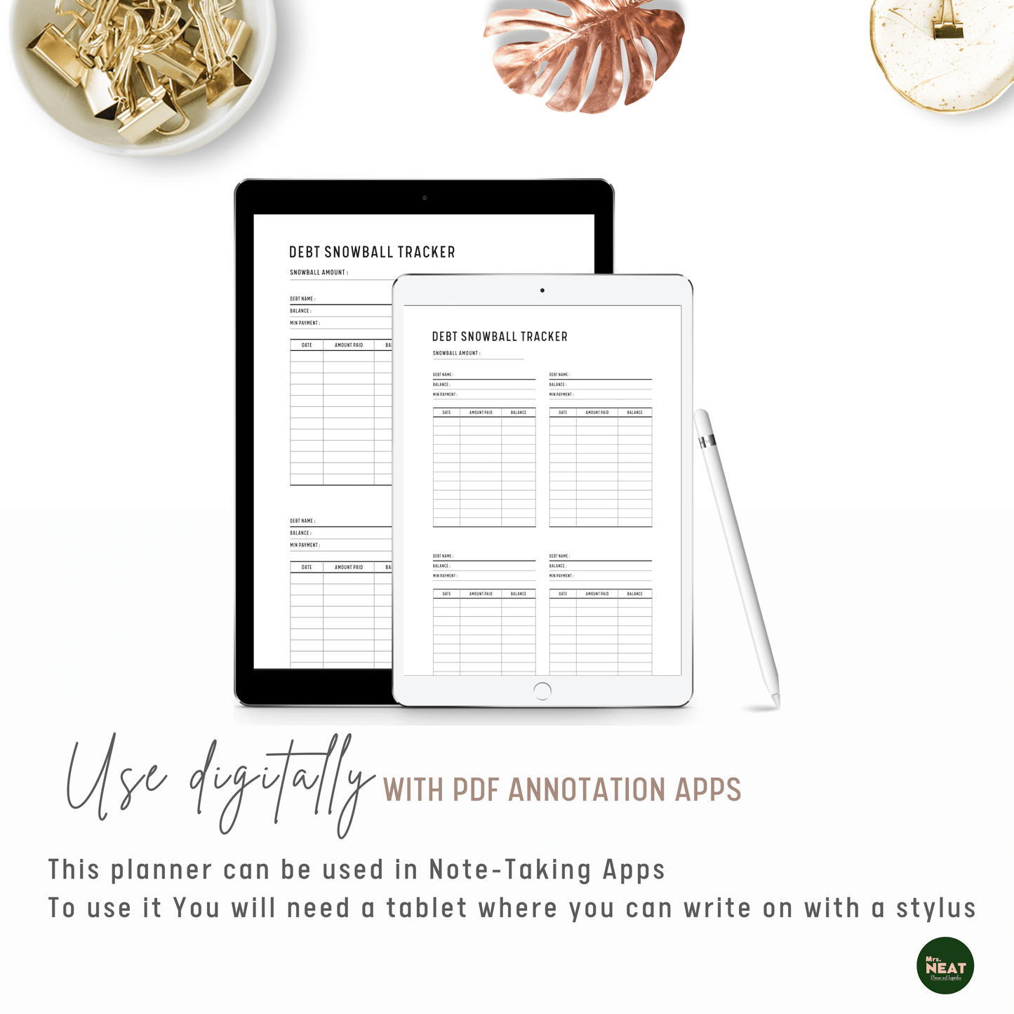 Clean and Minimal Debt Snowball Tracker Planner use digitally with Tablet and Stylus