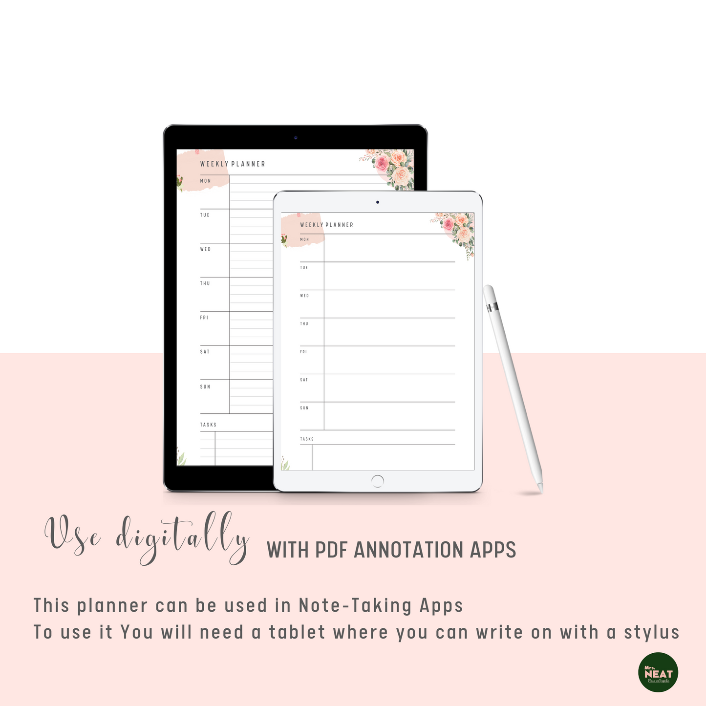 Digital Floral Weekly Planner use digitally on Tablet and Stylus