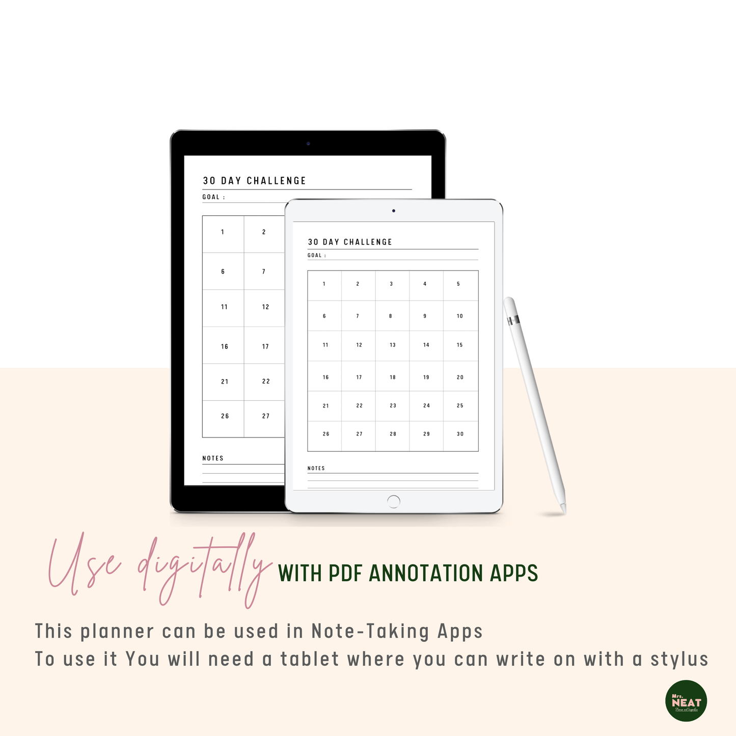 30 Day Challenge Tracker Planner use digitally with Tablet and Stylus