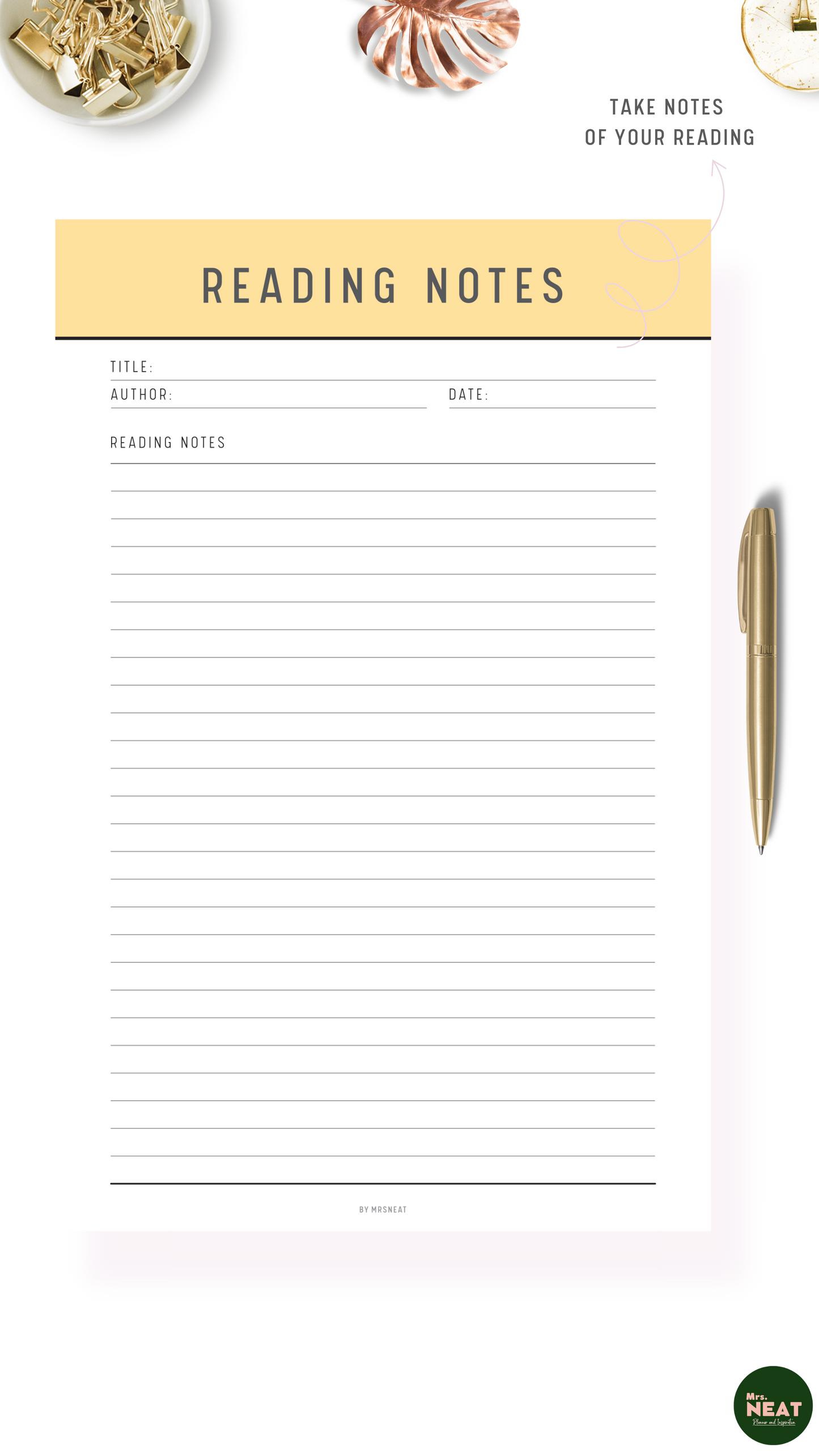 Remarkable Yellow Reading Notes with room for book title, book author, reading date and notes