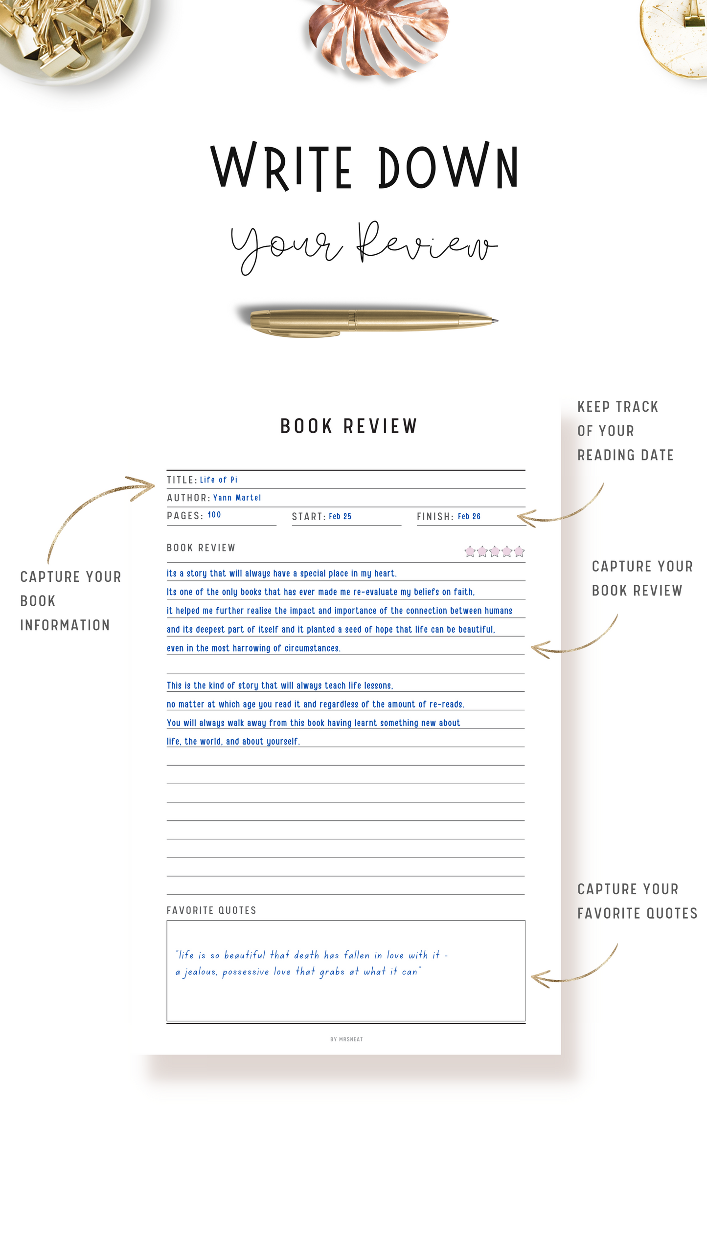 Book Review with room for capture book information such as reading date, star rate, favorite quotes and many more