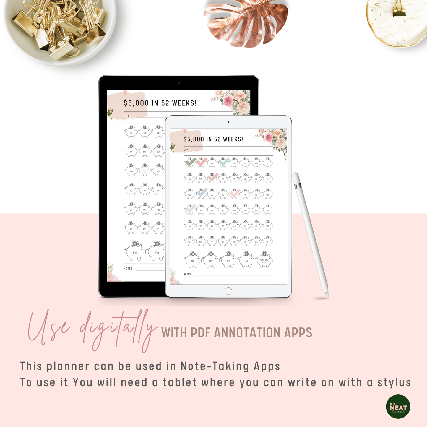 Floral $5000 Money Saving Challenge Planner use digitally on Tablet and Stylus